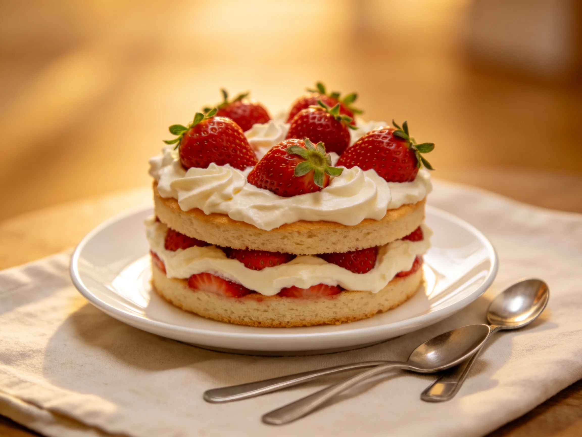 A two - layer strawberry shortcake with fresh strawberries and whipped cream