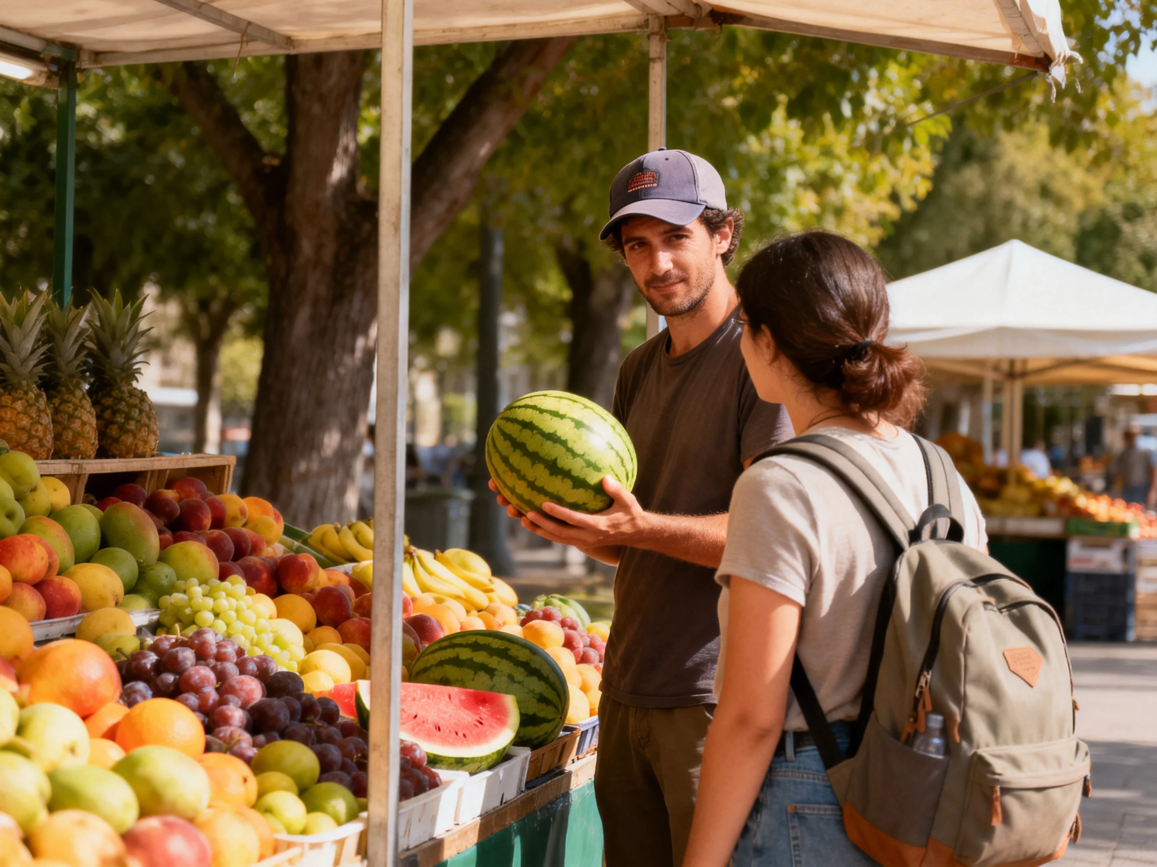 A vendor holds a large green-striped watermelon near vibrant fruit displays