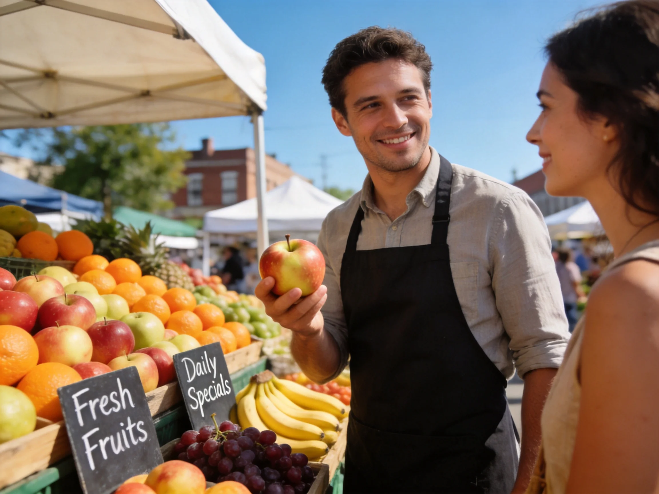 A vendor holds a red-yellow apple near vibrant fruit displays at an outdoor market.