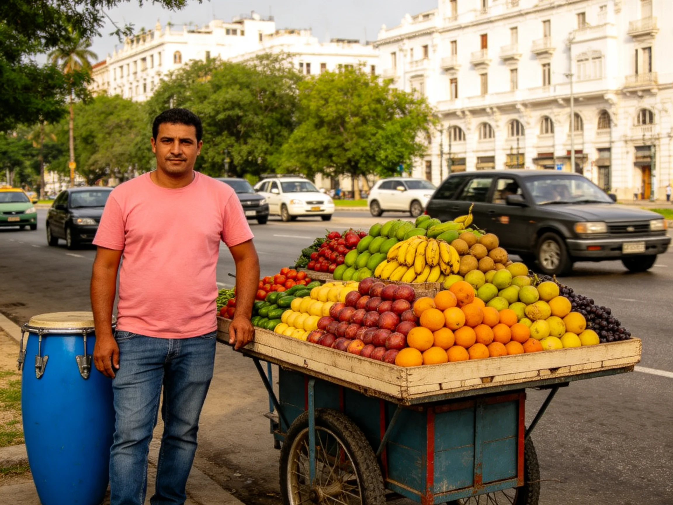 A vendor stands beside a colorful fruit cart filled with assorted produce