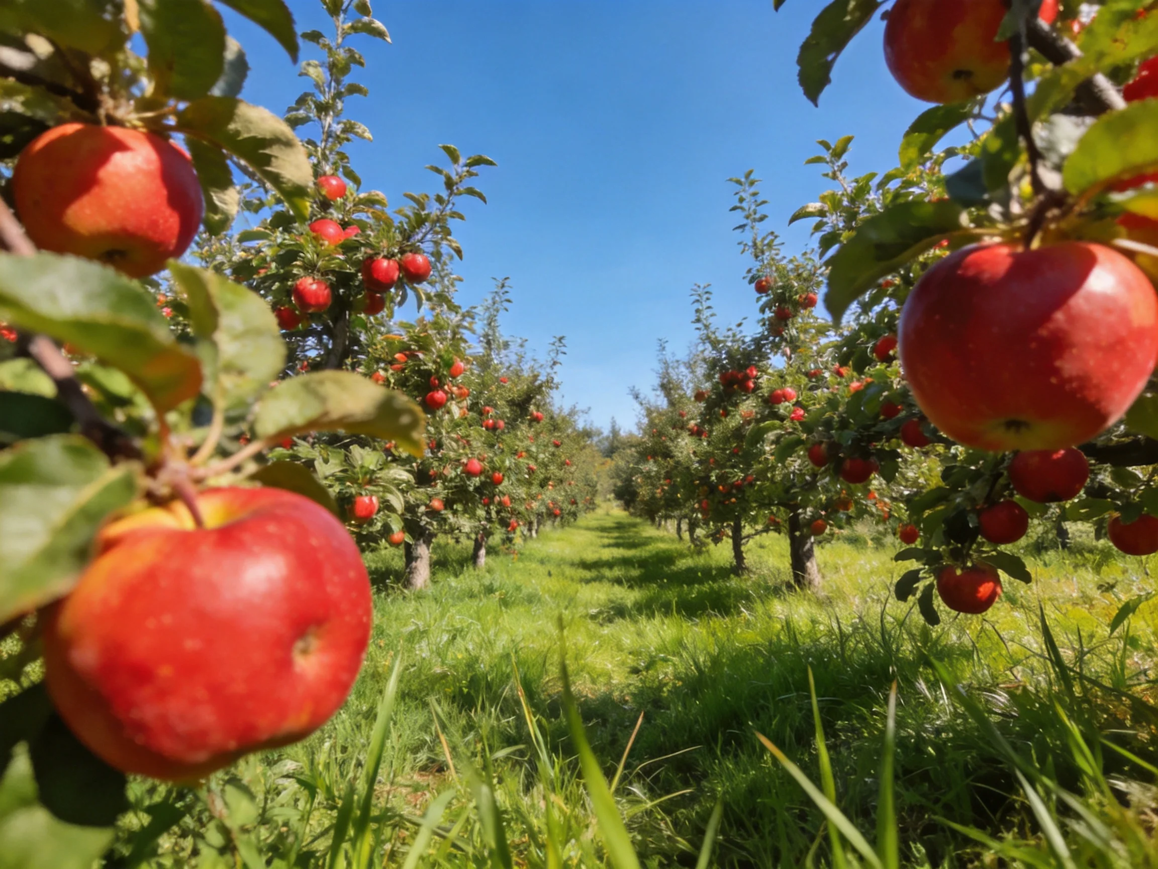 A vibrant apple orchard with ripe red fruits and lush green grass