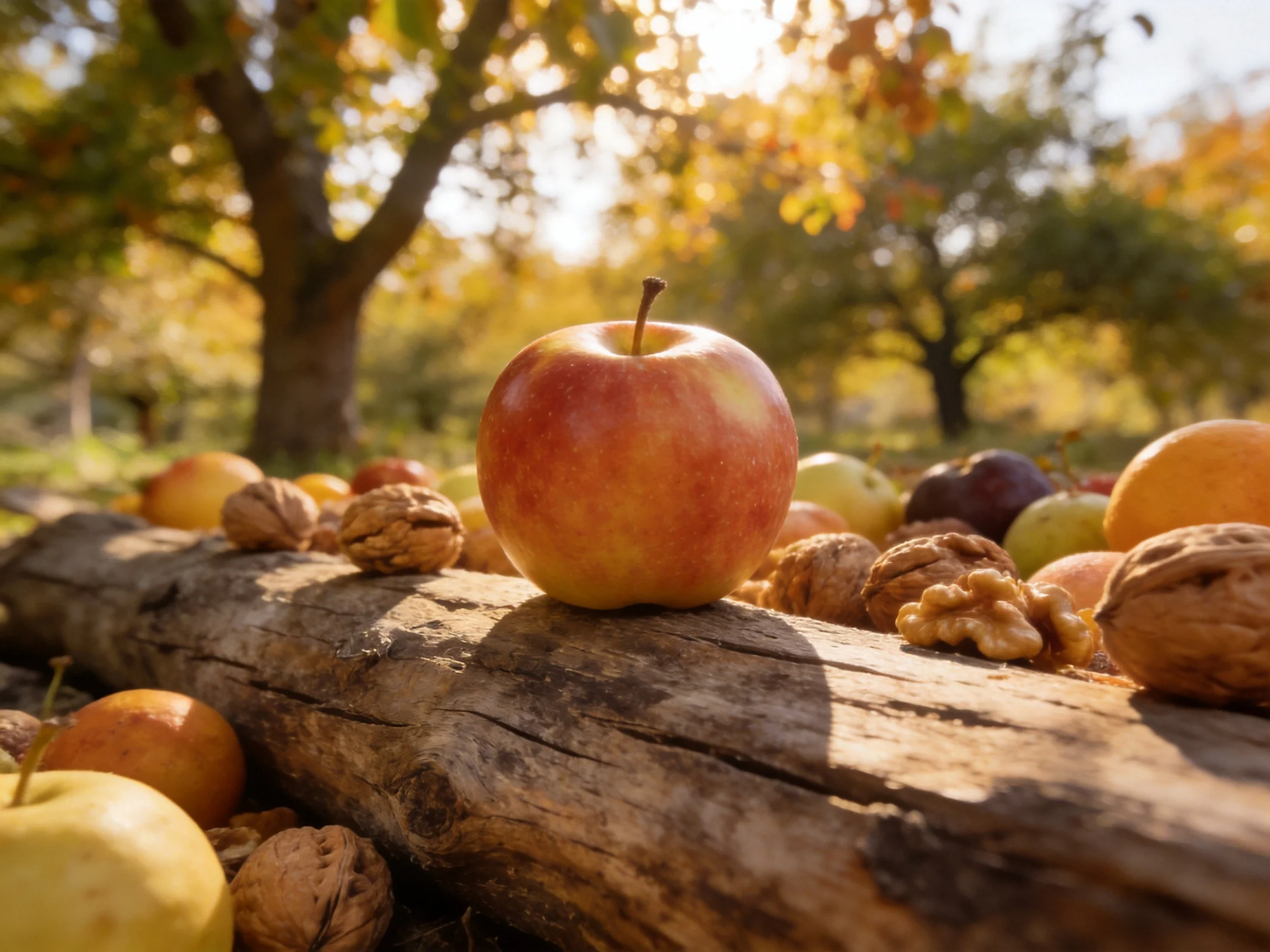 A vibrant apple surrounded by walnuts and assorted fruits on a weathered log in an autumn orchard
