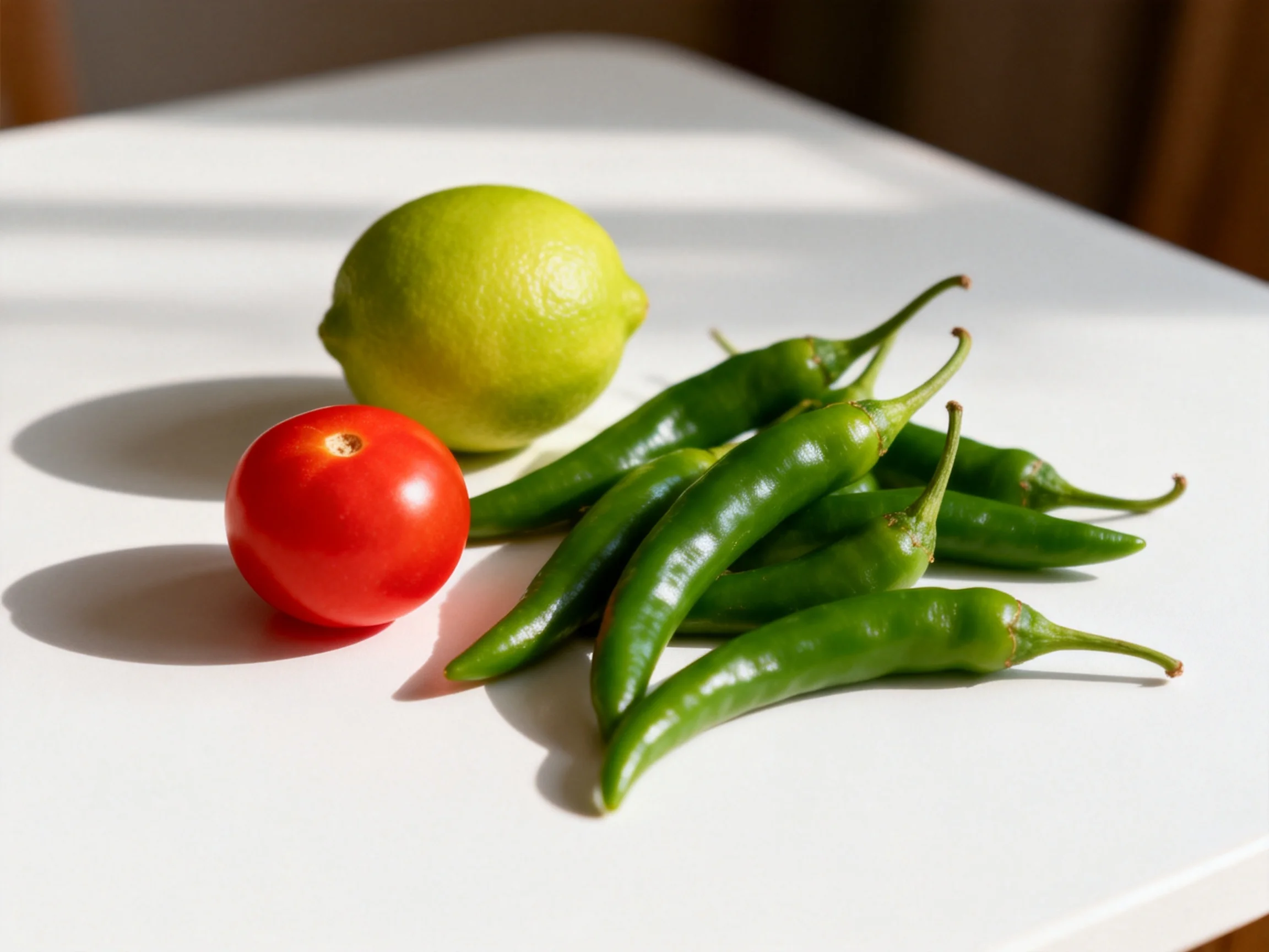 A vibrant arrangement of a lime, cherry tomato, and green chili peppers