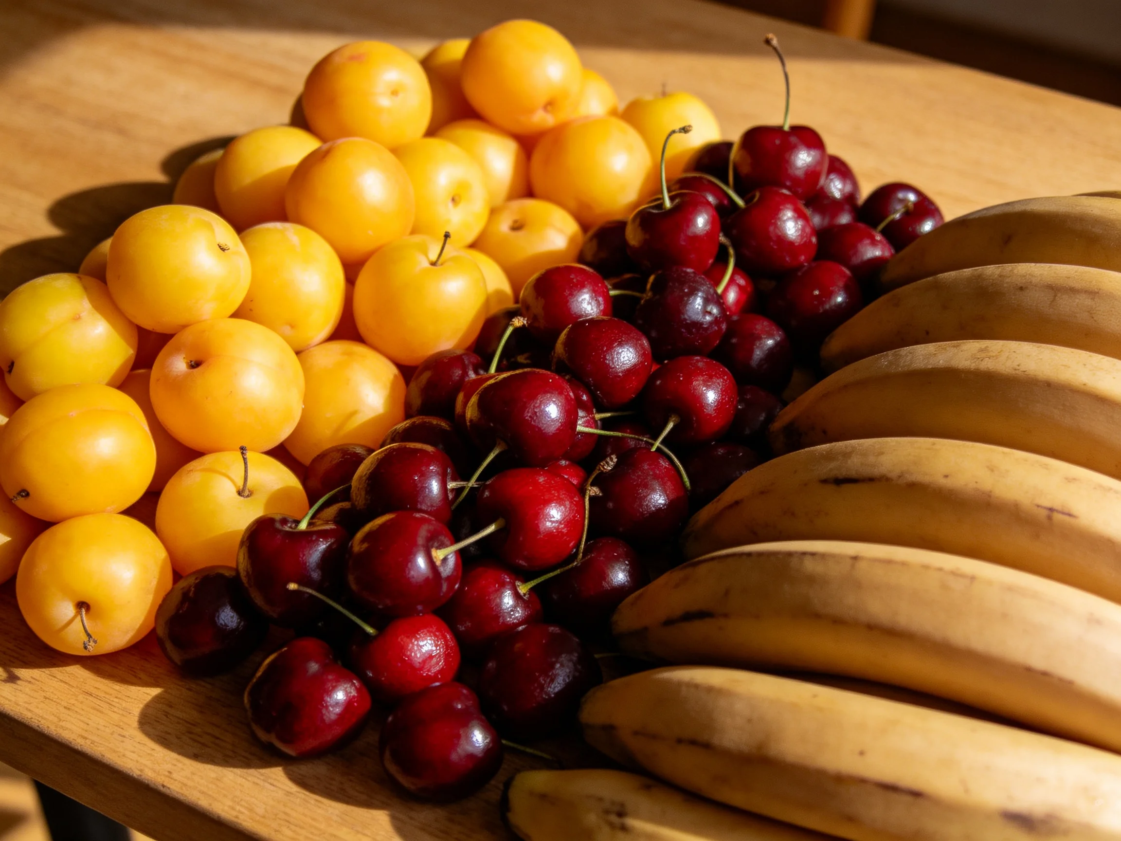 A vibrant arrangement of apricots, cherries, and bananas on a wooden surface