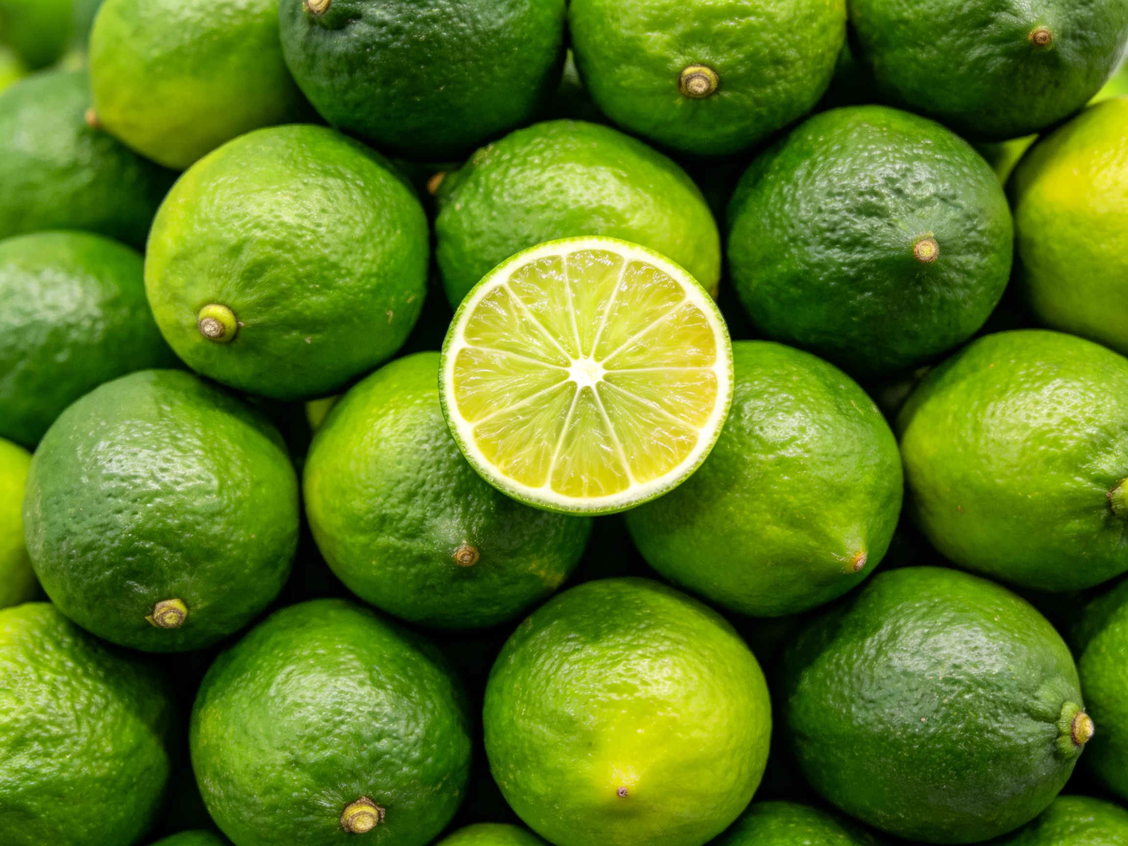 A vibrant arrangement of fresh green limes with one sliced lime