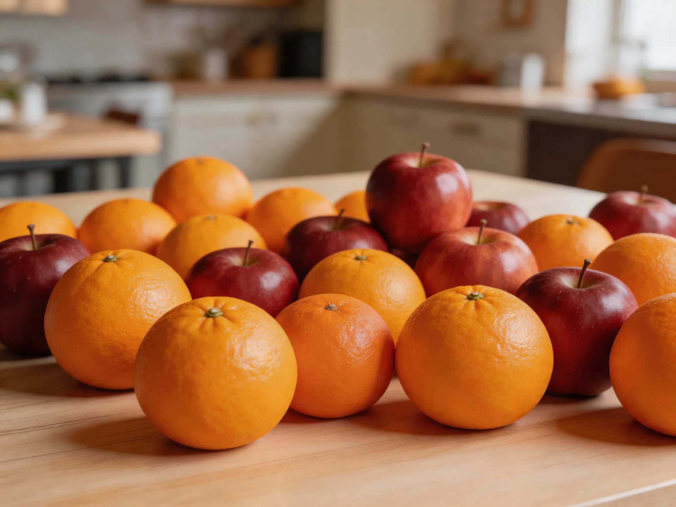 A vibrant arrangement of oranges and red apples on a wooden table