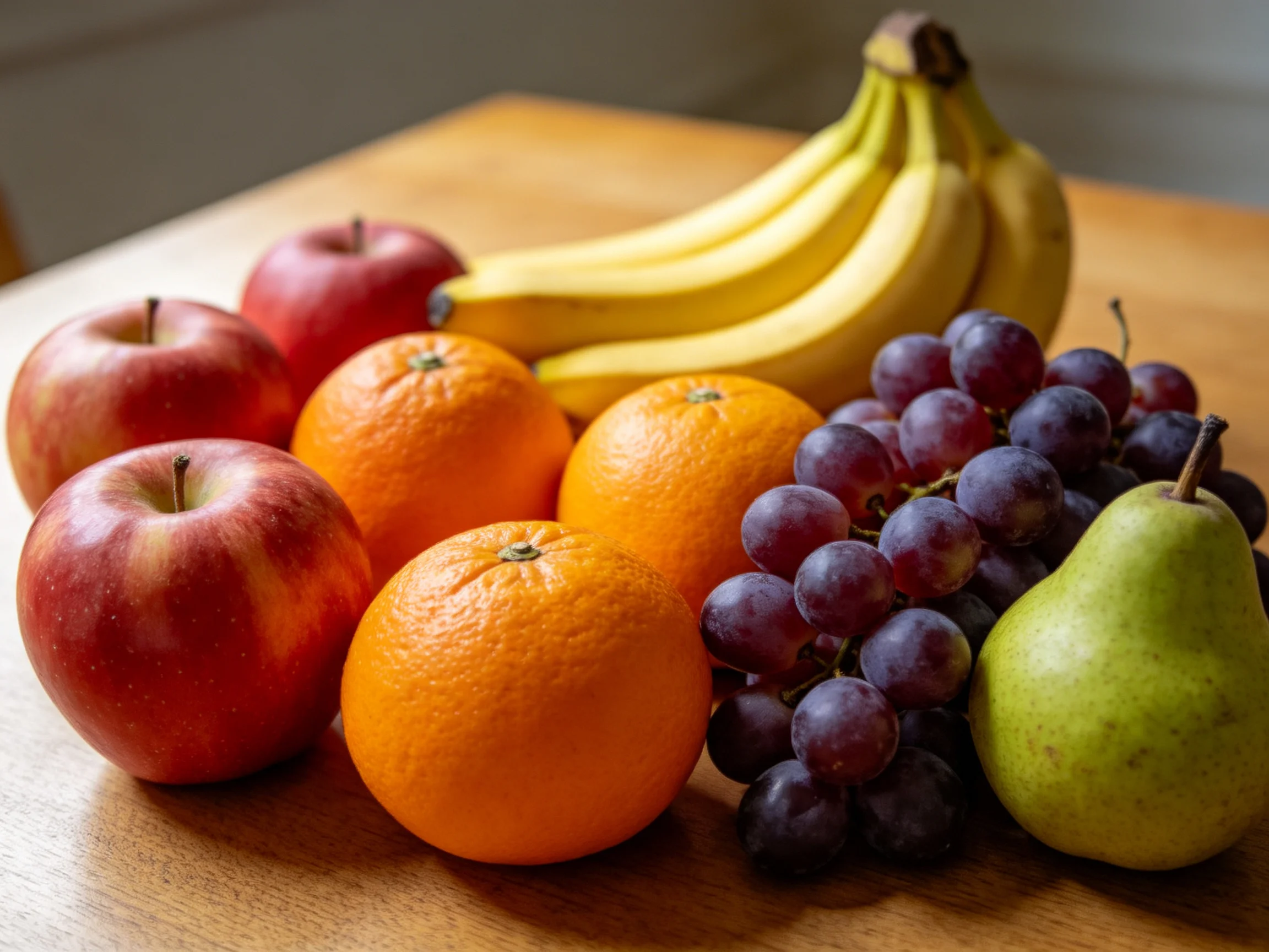 A vibrant assortment of apples, bananas, oranges, grapes, and a pear