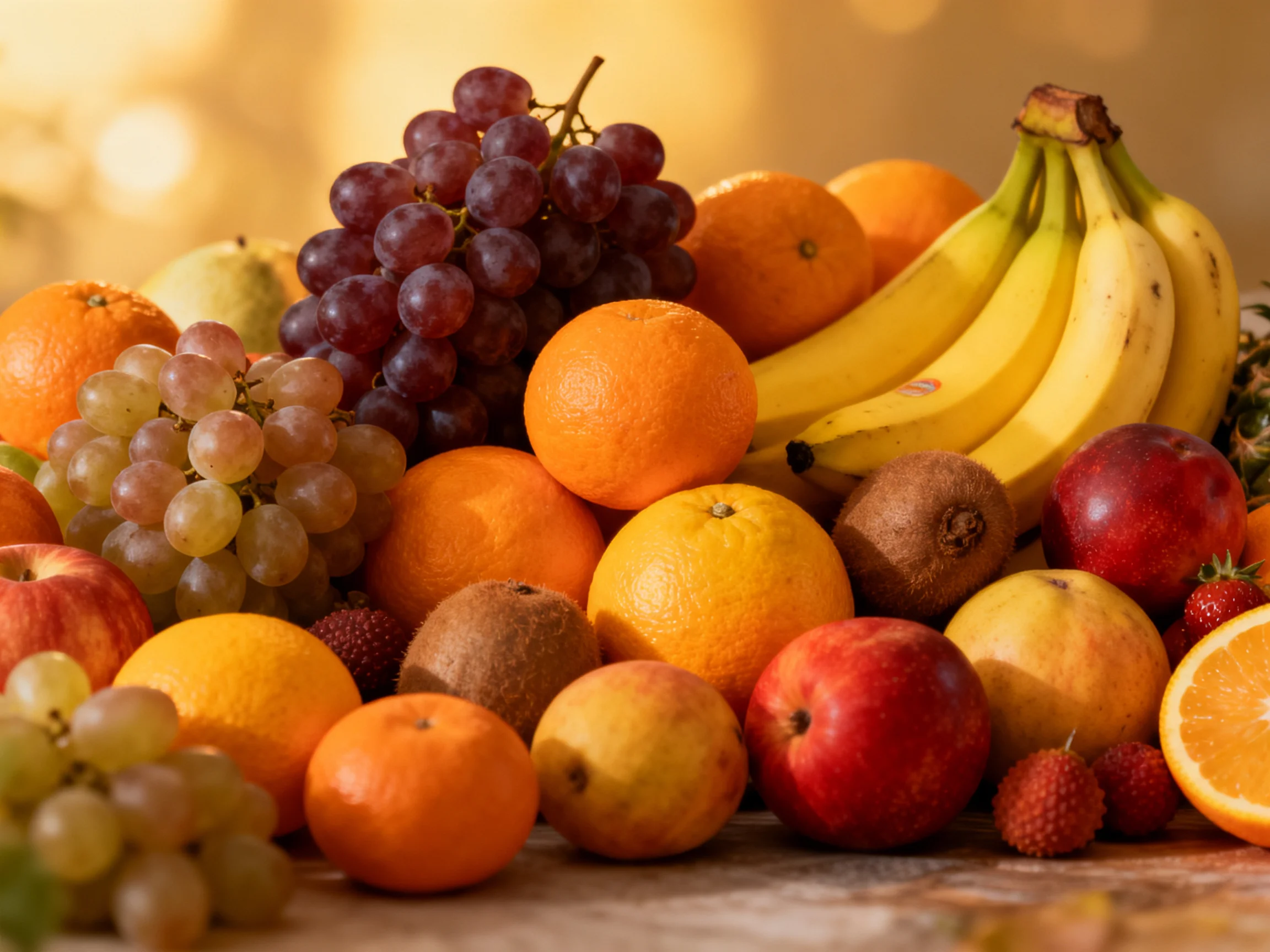 A vibrant assortment of assorted fruits featuring grapes, bananas, and citrus