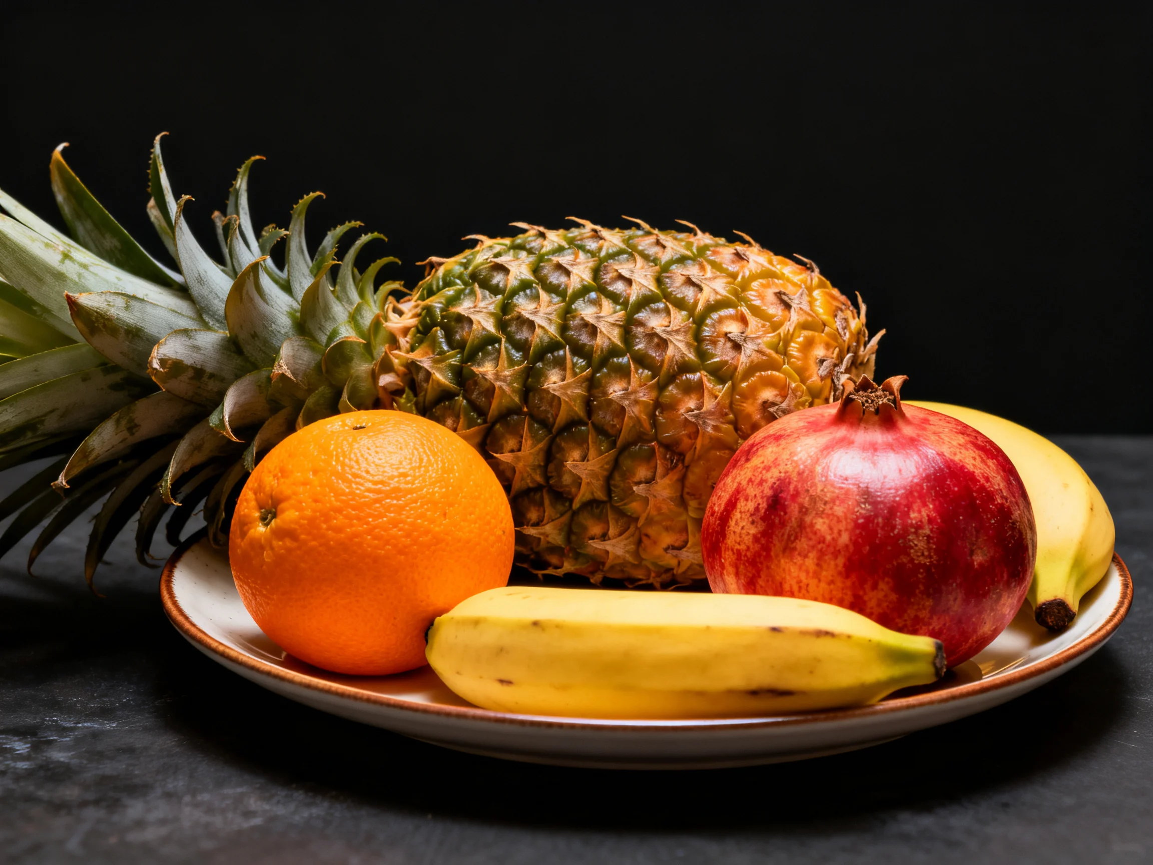 A vibrant assortment of assorted fruits including pineapple, orange, pomegranate, and bananas