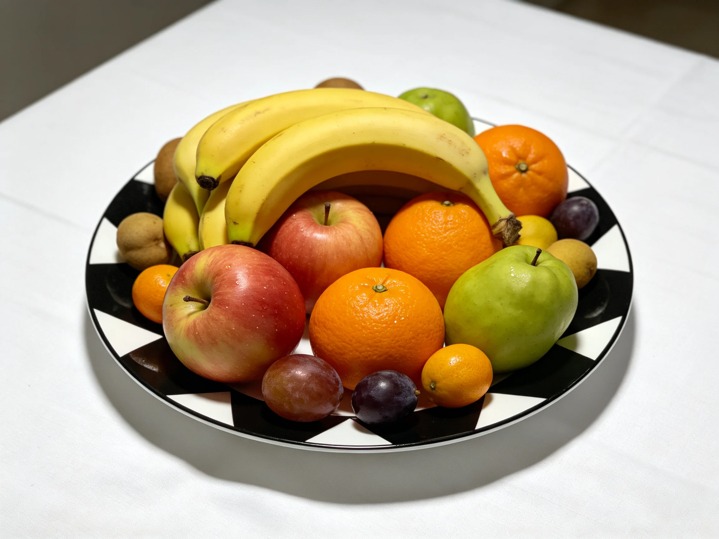 A vibrant assortment of fresh fruits arranged on a geometric-patterned plate