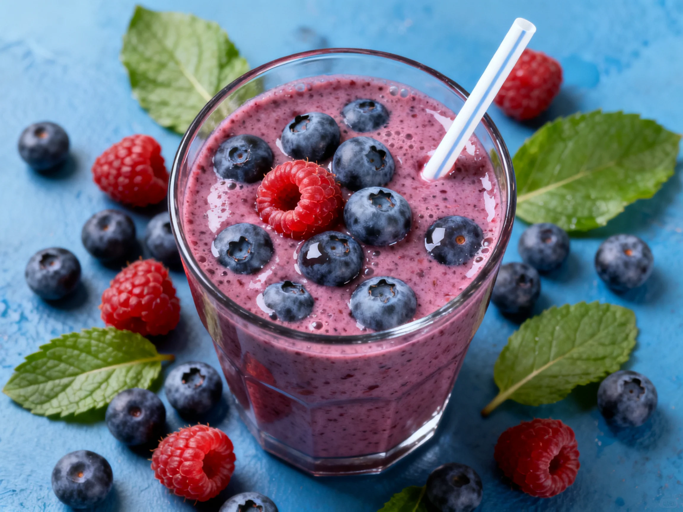 A vibrant berry smoothie topped with fresh raspberries and blueberries