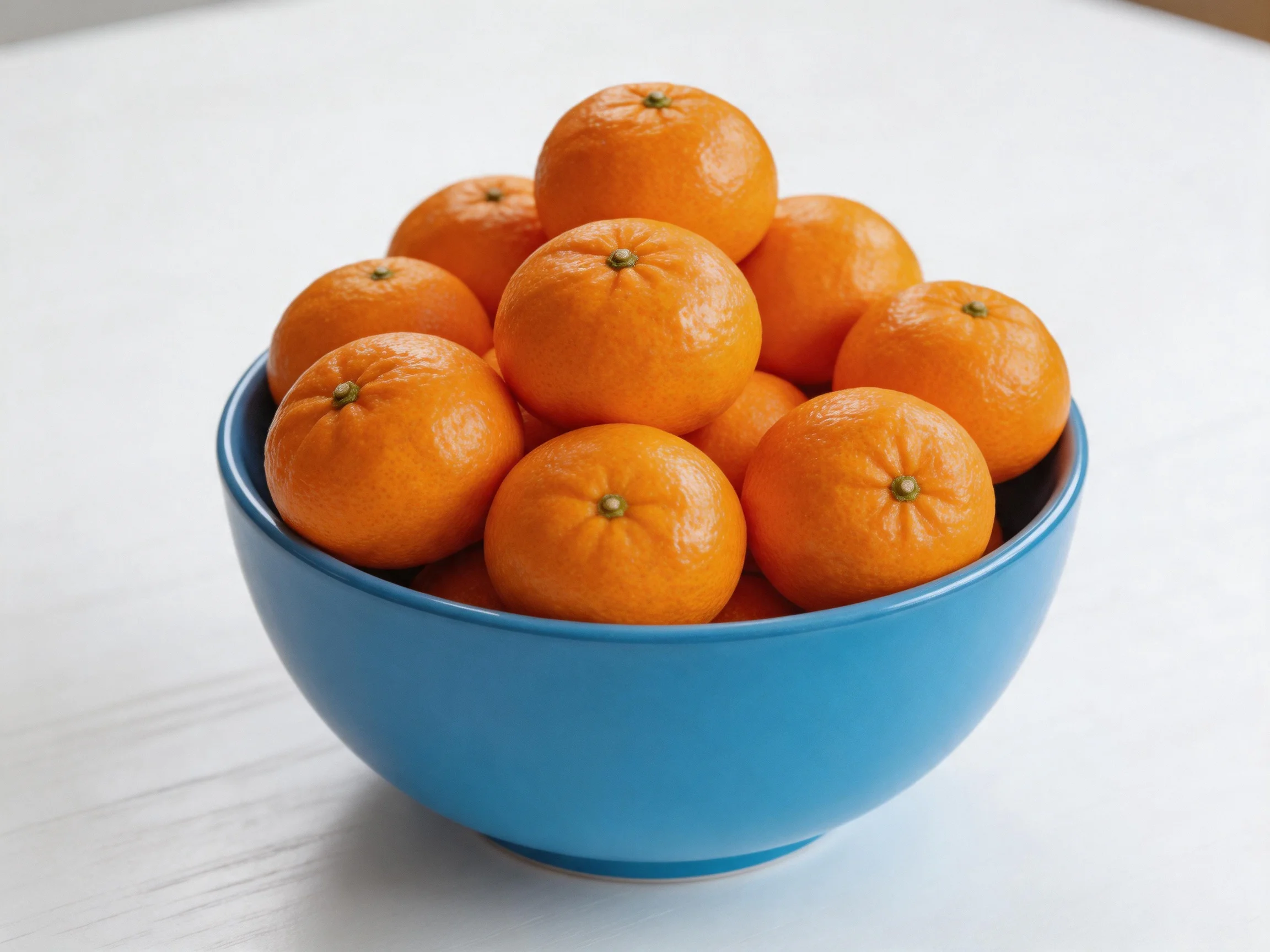 A vibrant blue bowl containing several orange mandarin oranges