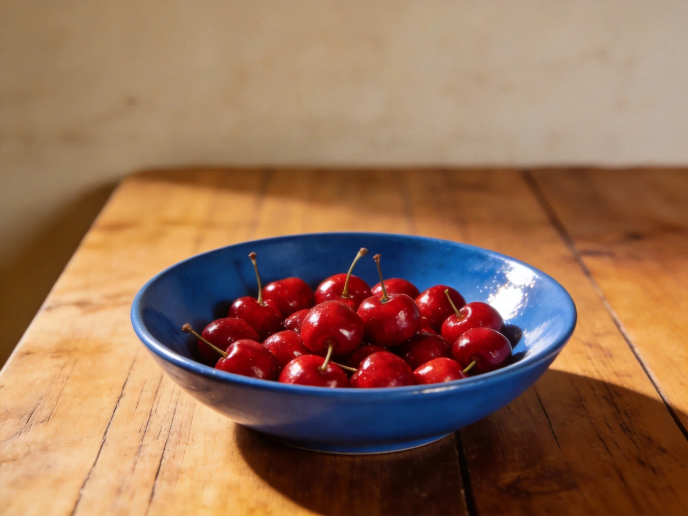A vibrant blue bowl filled with glossy red cherries on a wooden table