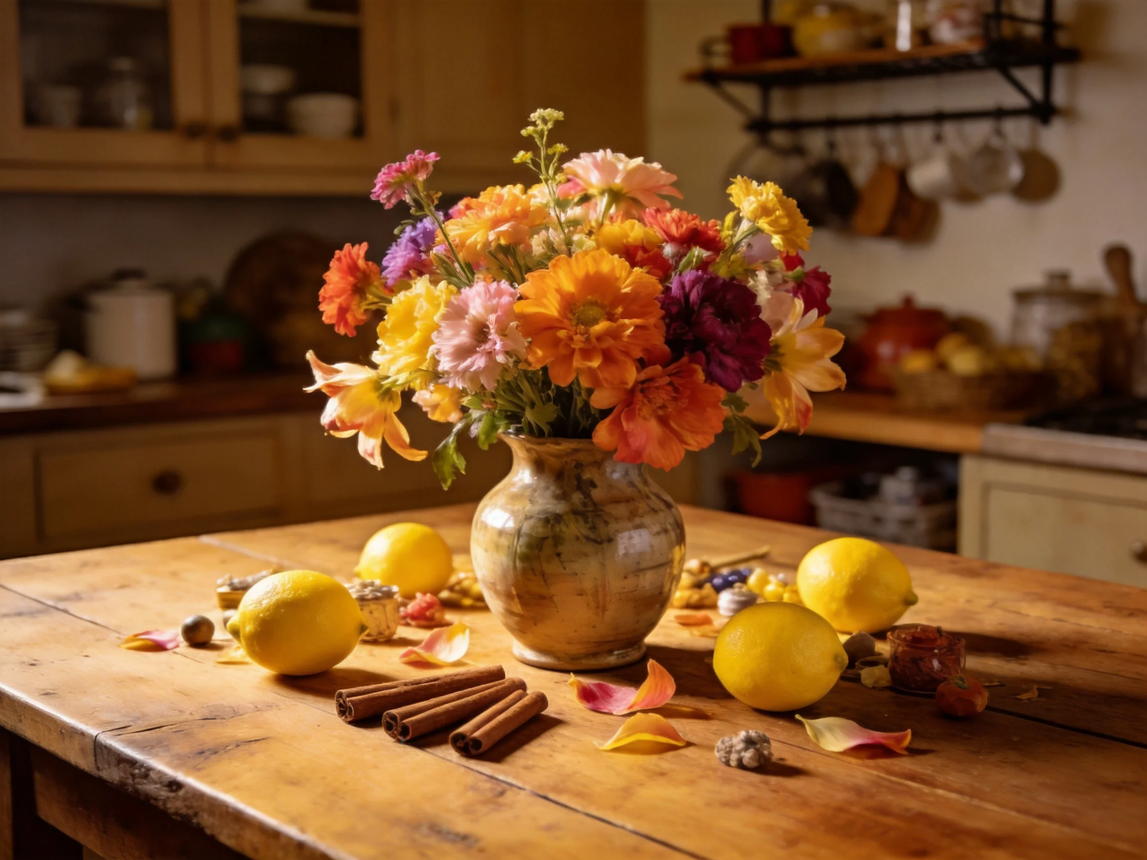 A vibrant bouquet of multicolored flowers sits among lemons and spices on a wooden table