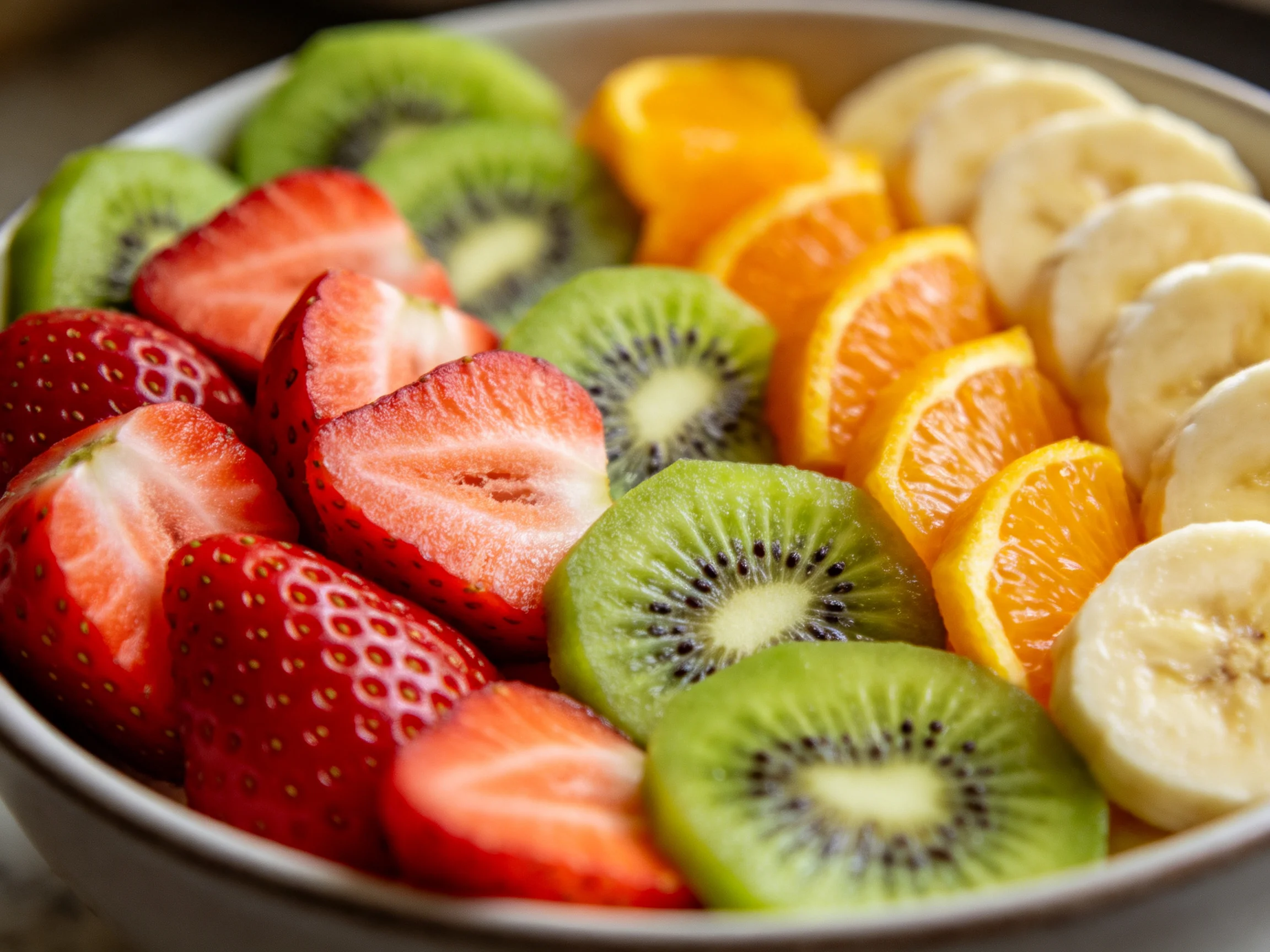 A vibrant bowl of assorted fresh fruits including strawberries, kiwis, oranges, and bananas