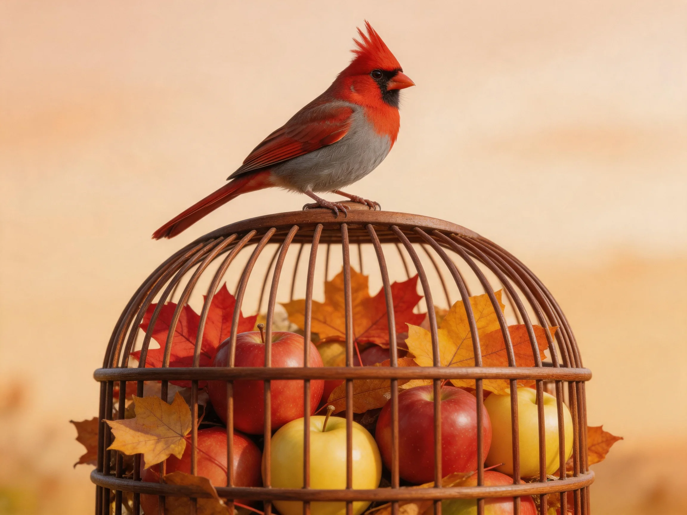 A vibrant cardinal perches on a cage filled with apples and autumn leaves