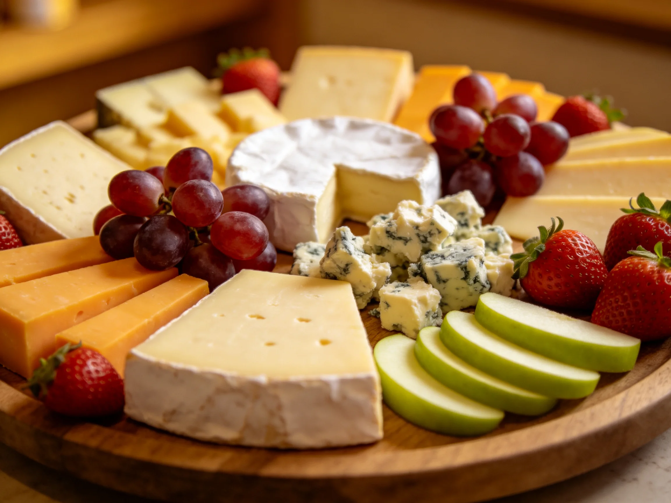 A vibrant cheese platter with assorted cheeses, fruits, and colorful accompaniments.