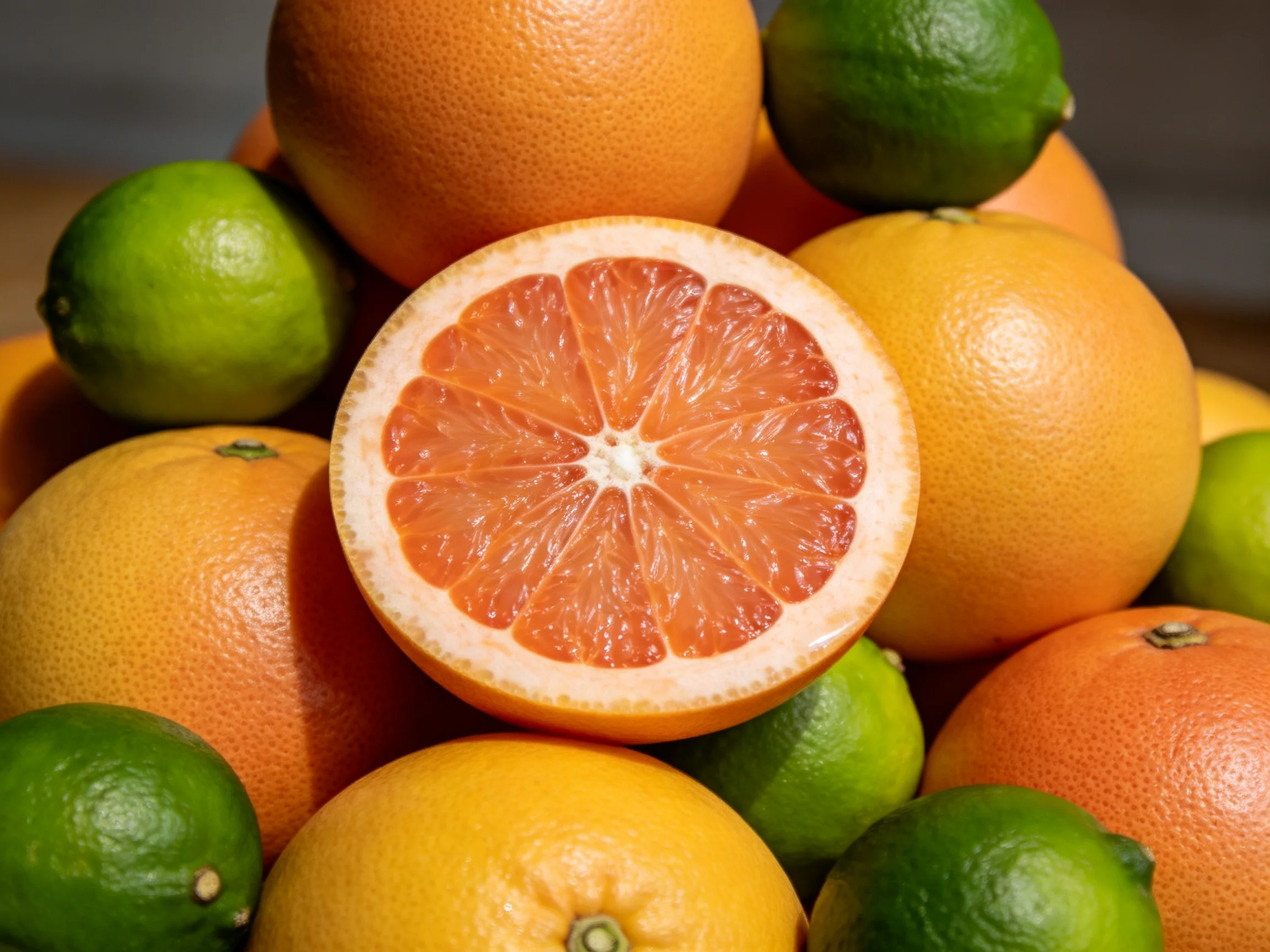 A vibrant citrus fruit arrangement with a sliced grapefruit at center