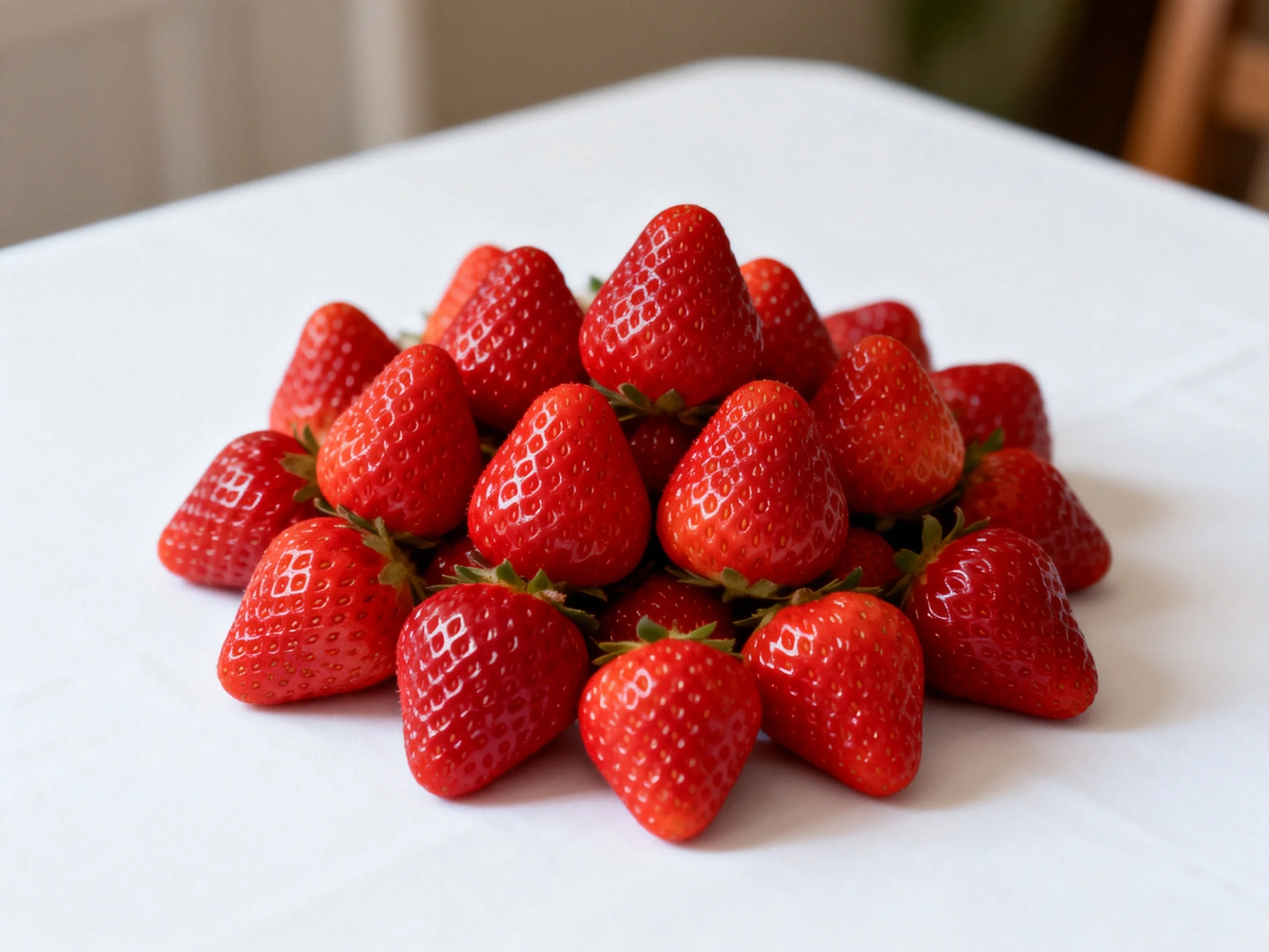 A vibrant cluster of fresh red strawberries arranged on a white surface