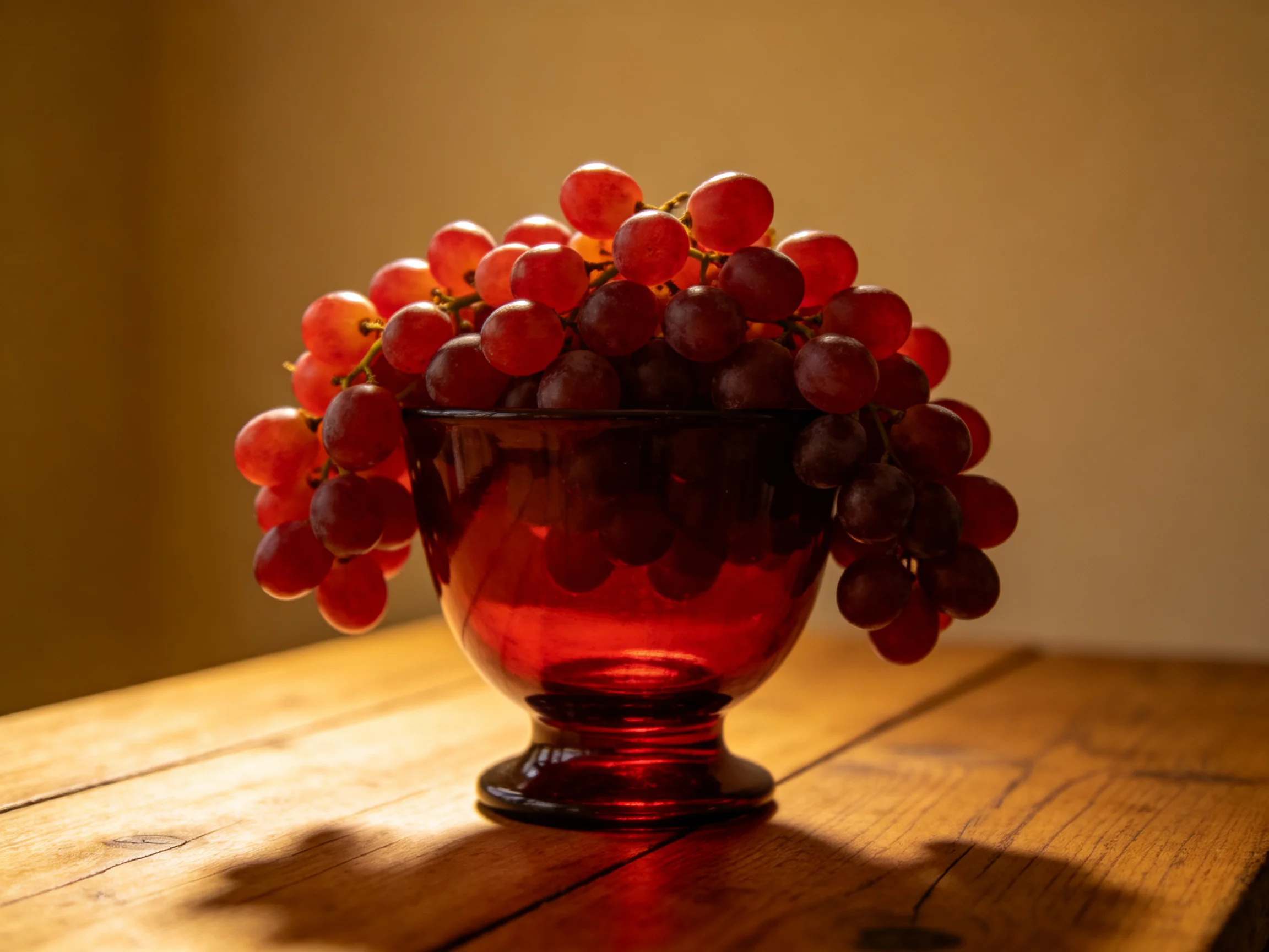 A vibrant cluster of red grapes fills a deep red glass bowl on a wooden surface.