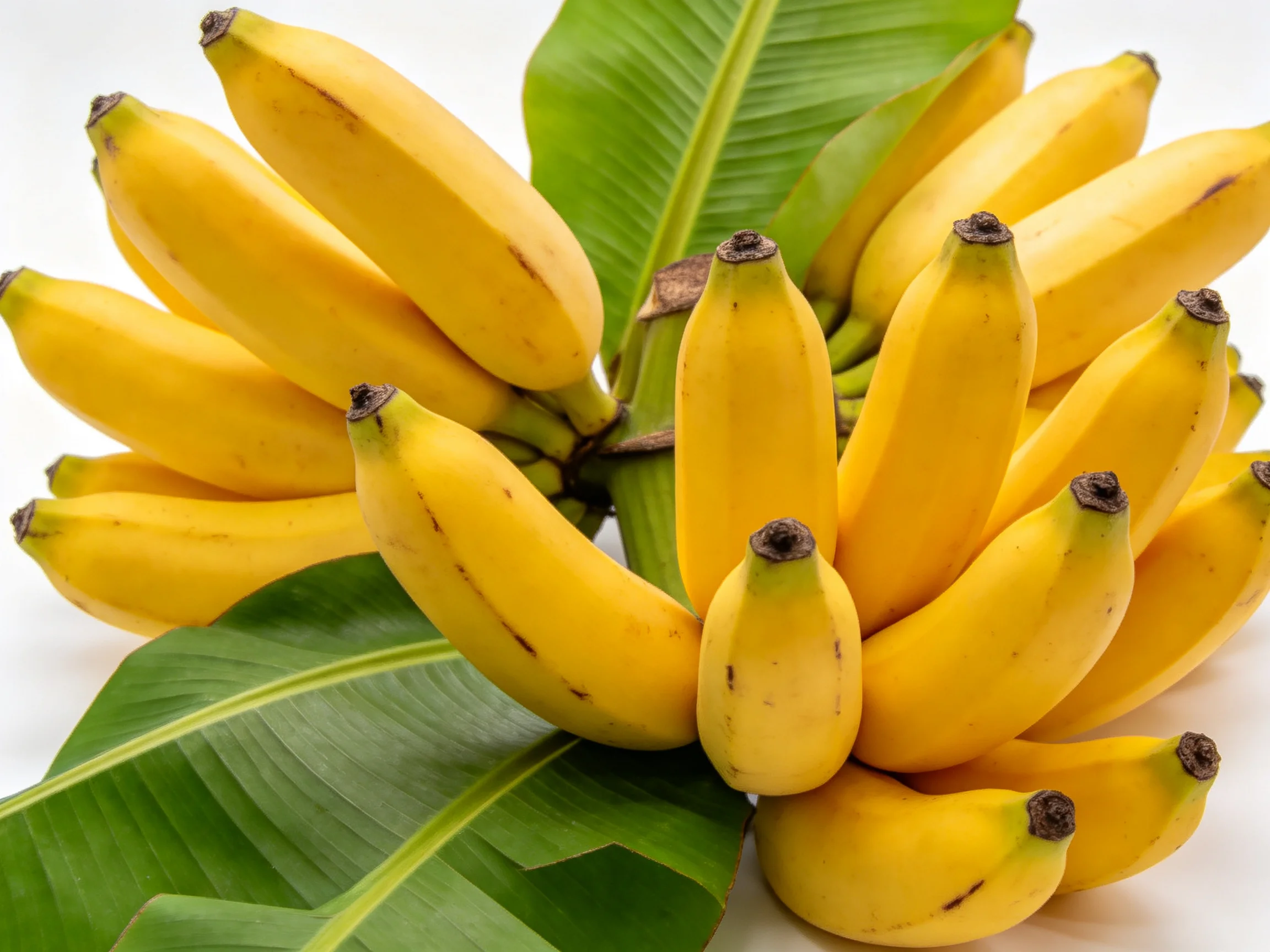 A vibrant cluster of yellow bananas with large green banana leaves