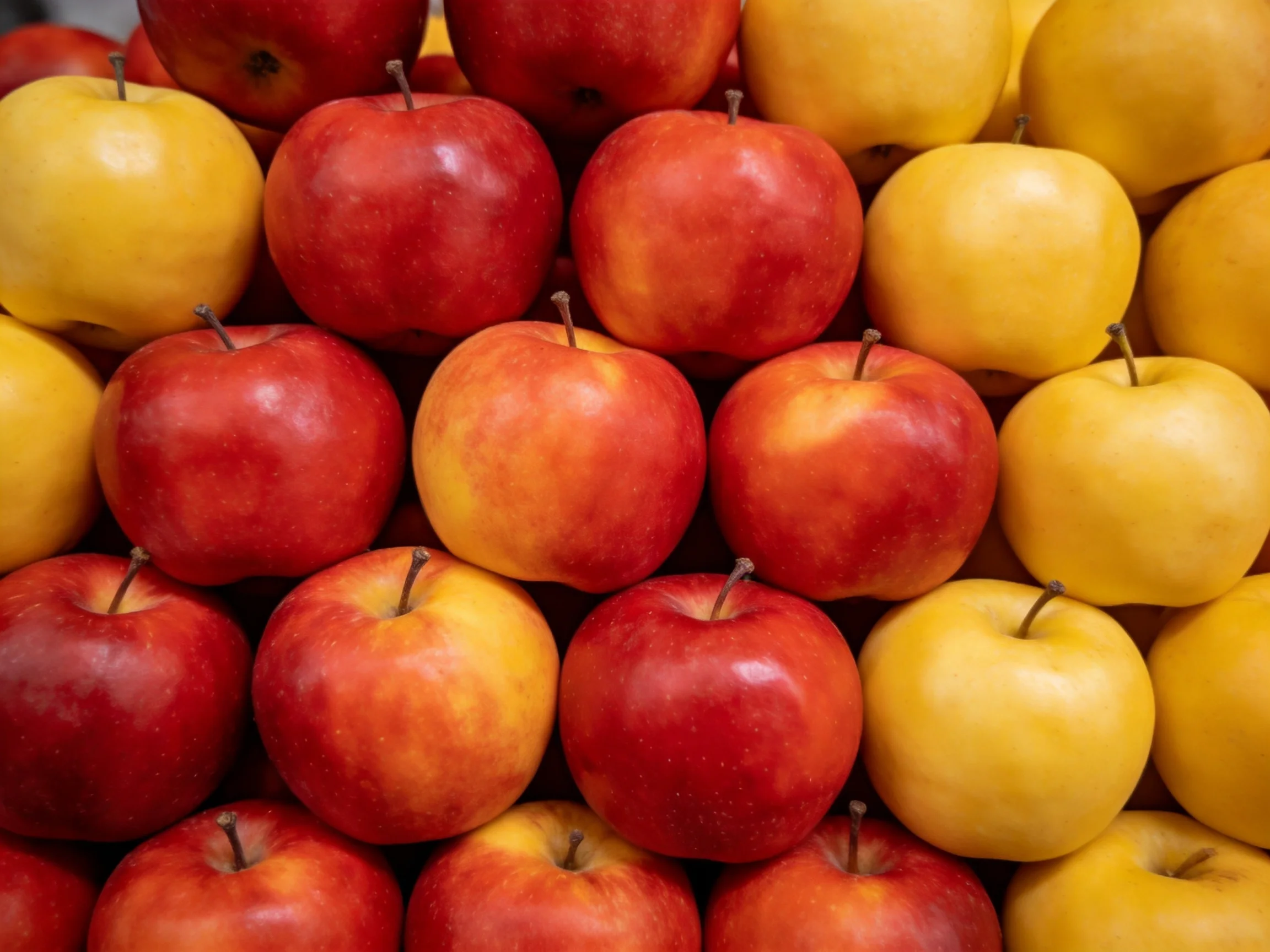 A vibrant display of red and yellow apples stacked in orderly groups