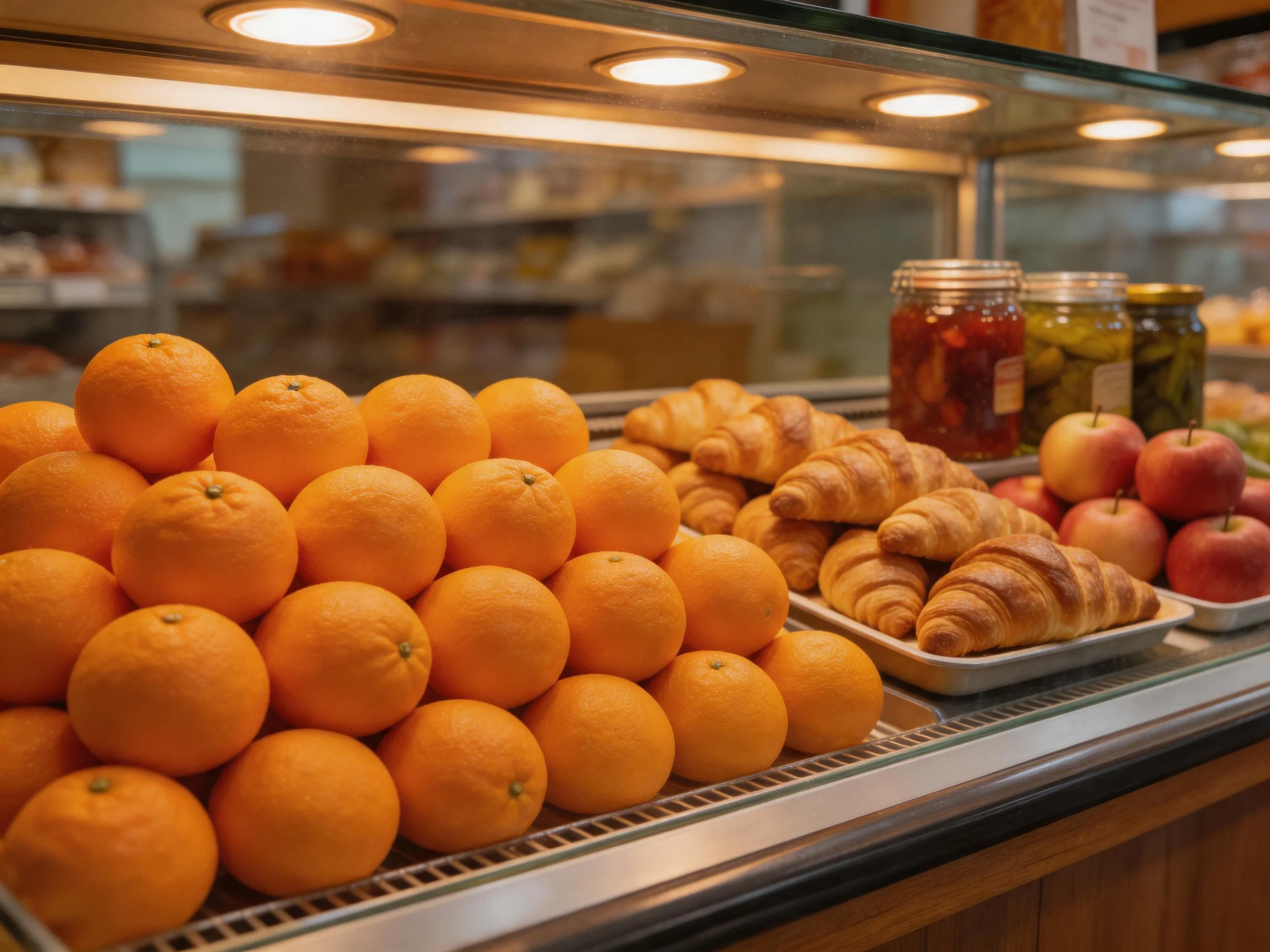 A vibrant display of stacked oranges, croissants, and apples in a glass case