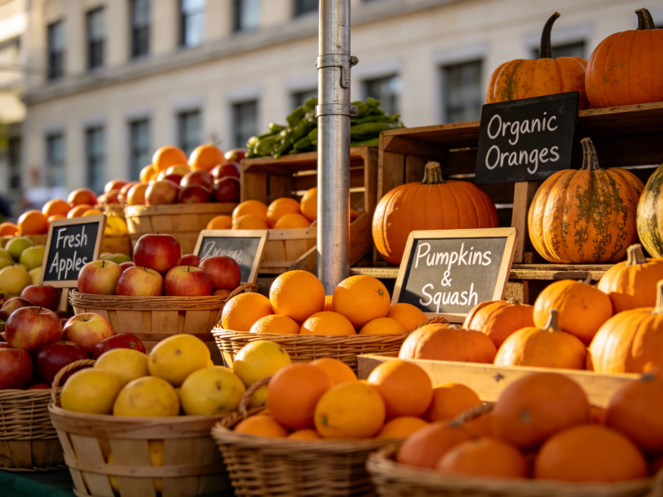 A vibrant farmers market stall featuring colorful fruits and seasonal produce