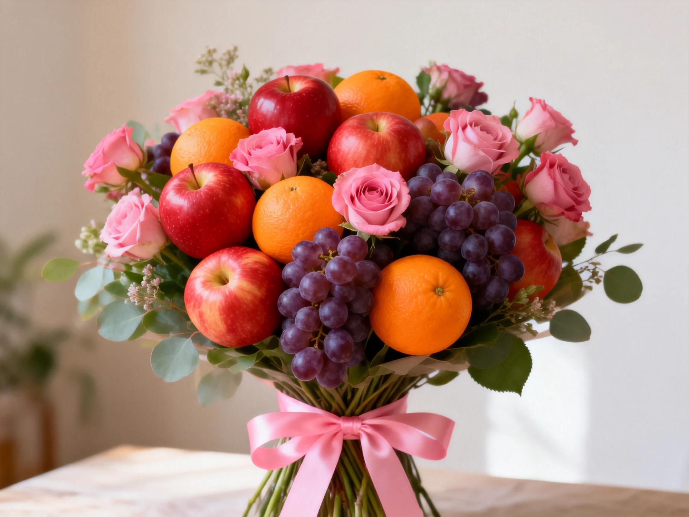 A vibrant fruit and flower bouquet with pink roses, red apples, and purple grapes
