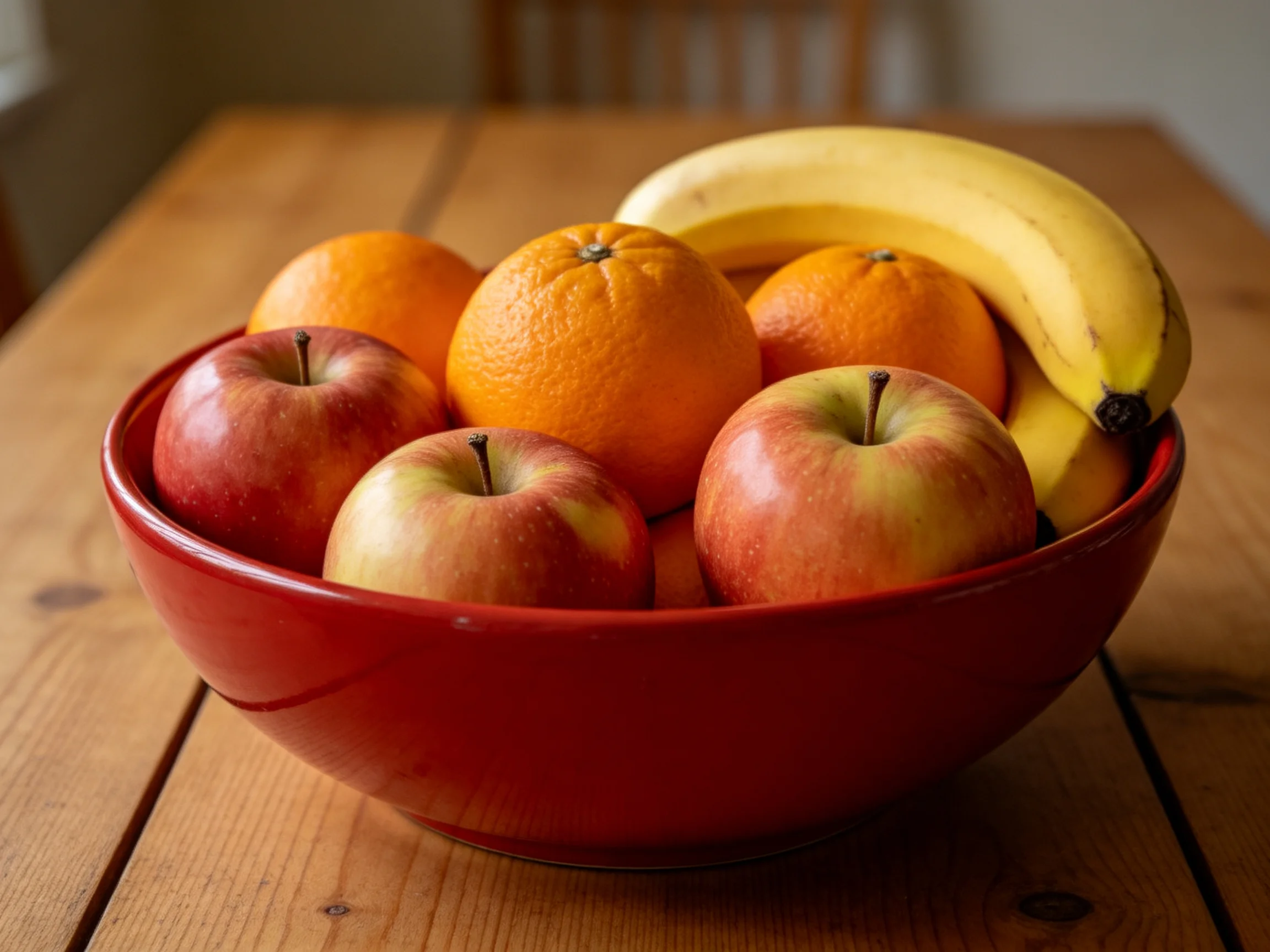 A vibrant fruit arrangement in a red bowl with apples, oranges, and bananas