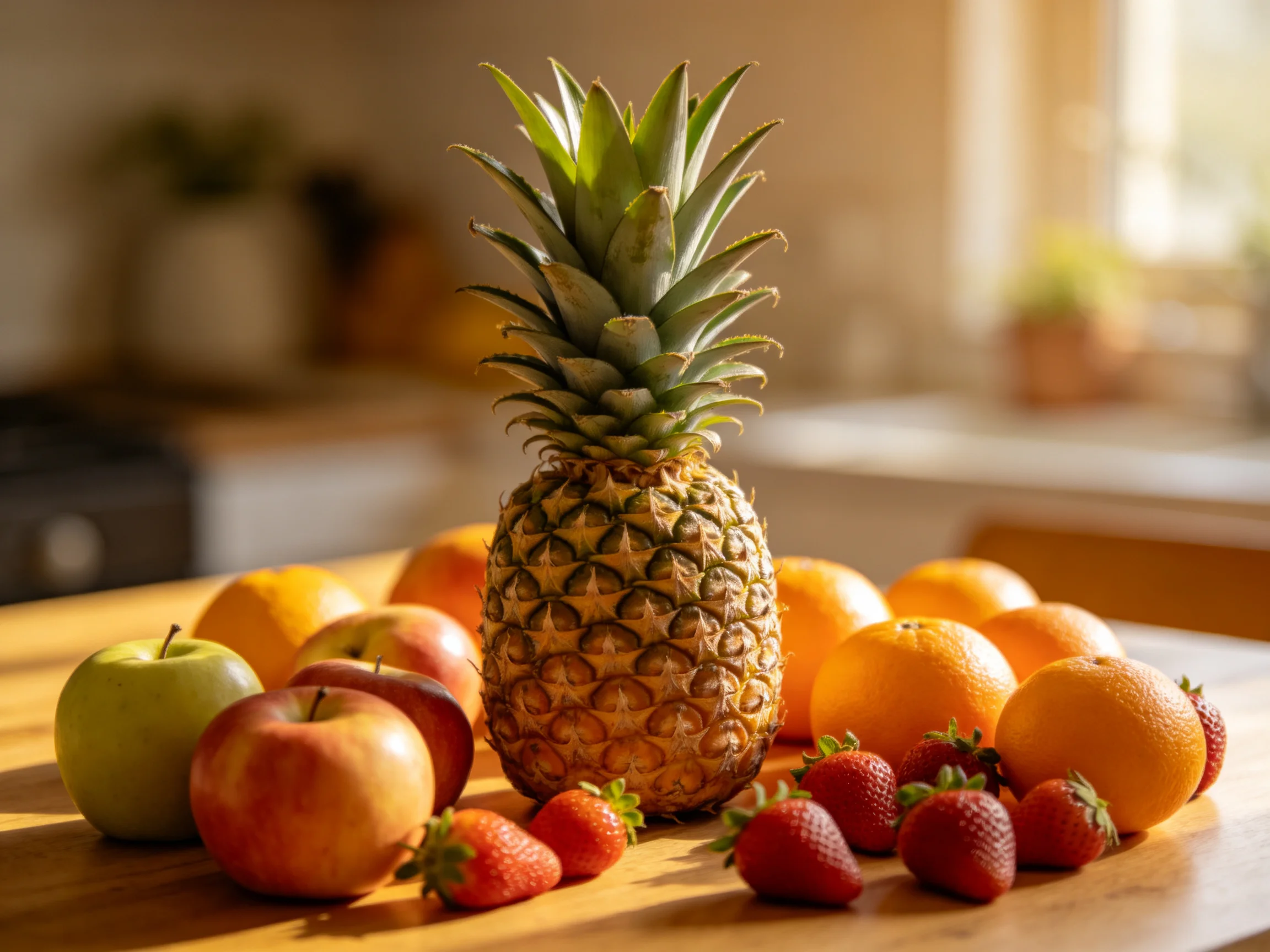 A vibrant fruit arrangement with a central pineapple, apples, oranges, and strawberries