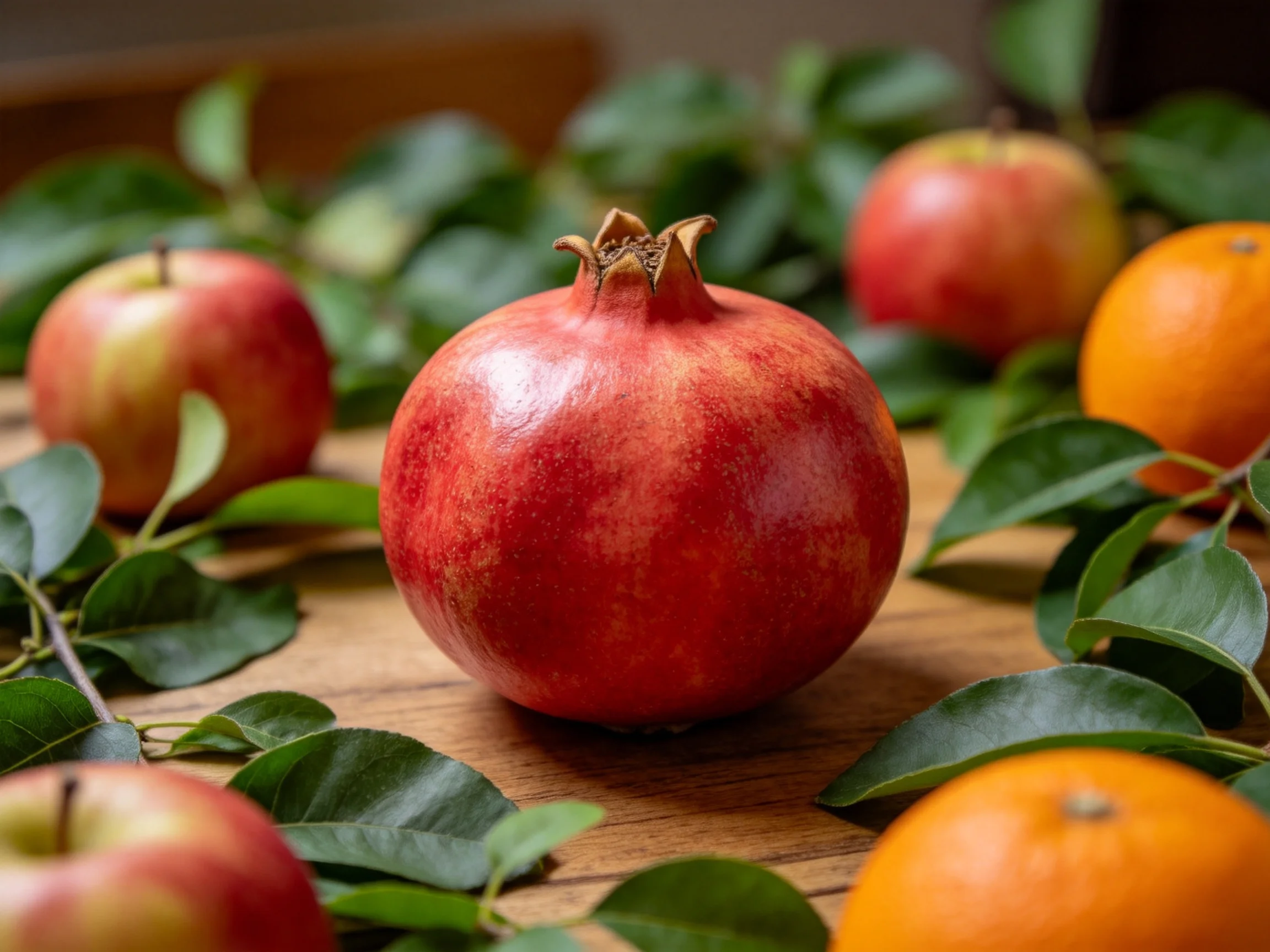 A vibrant fruit arrangement with a pomegranate, apples, and oranges among green leaves