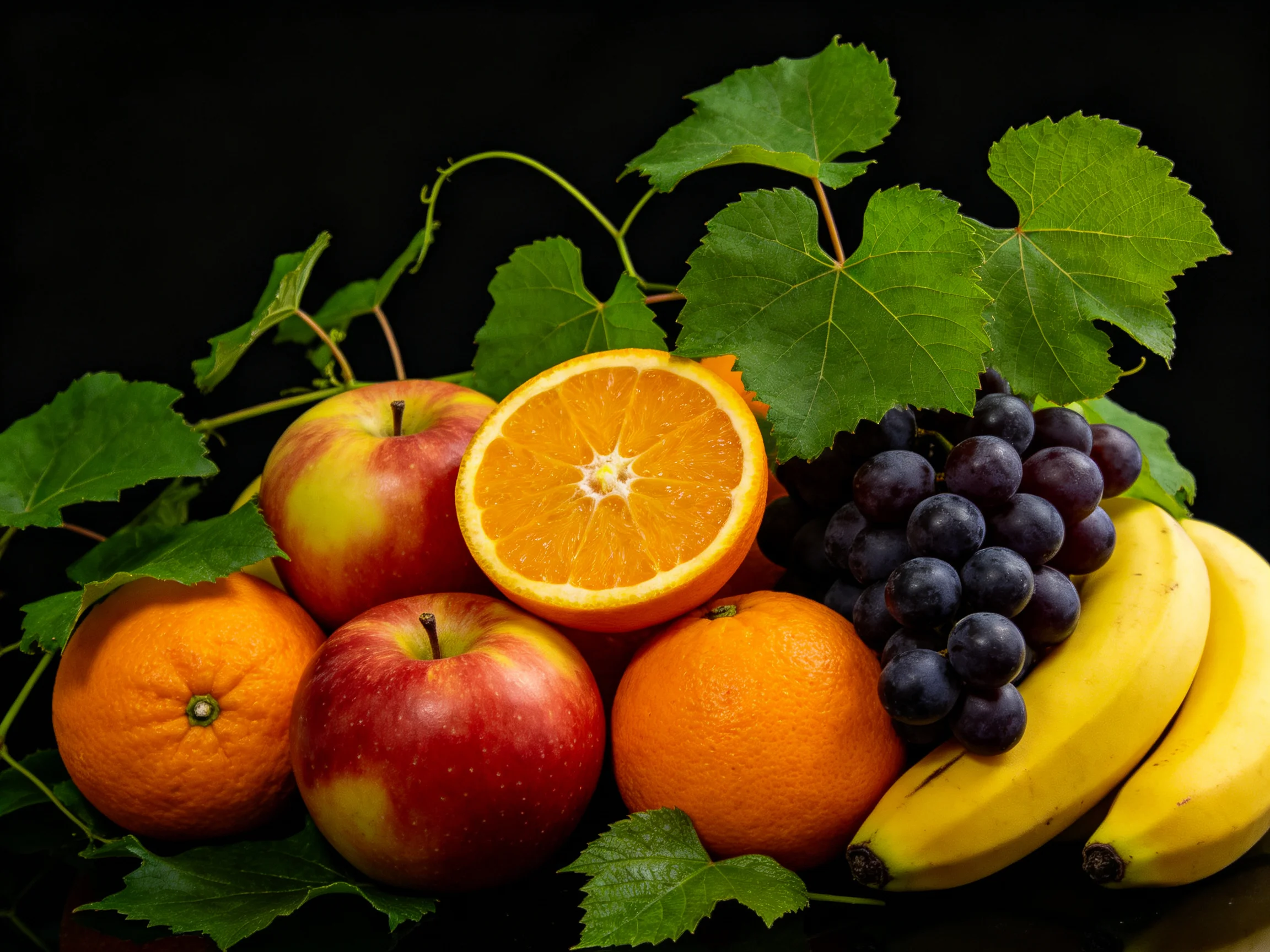 A vibrant fruit arrangement with apples, oranges, grapes, and bananas