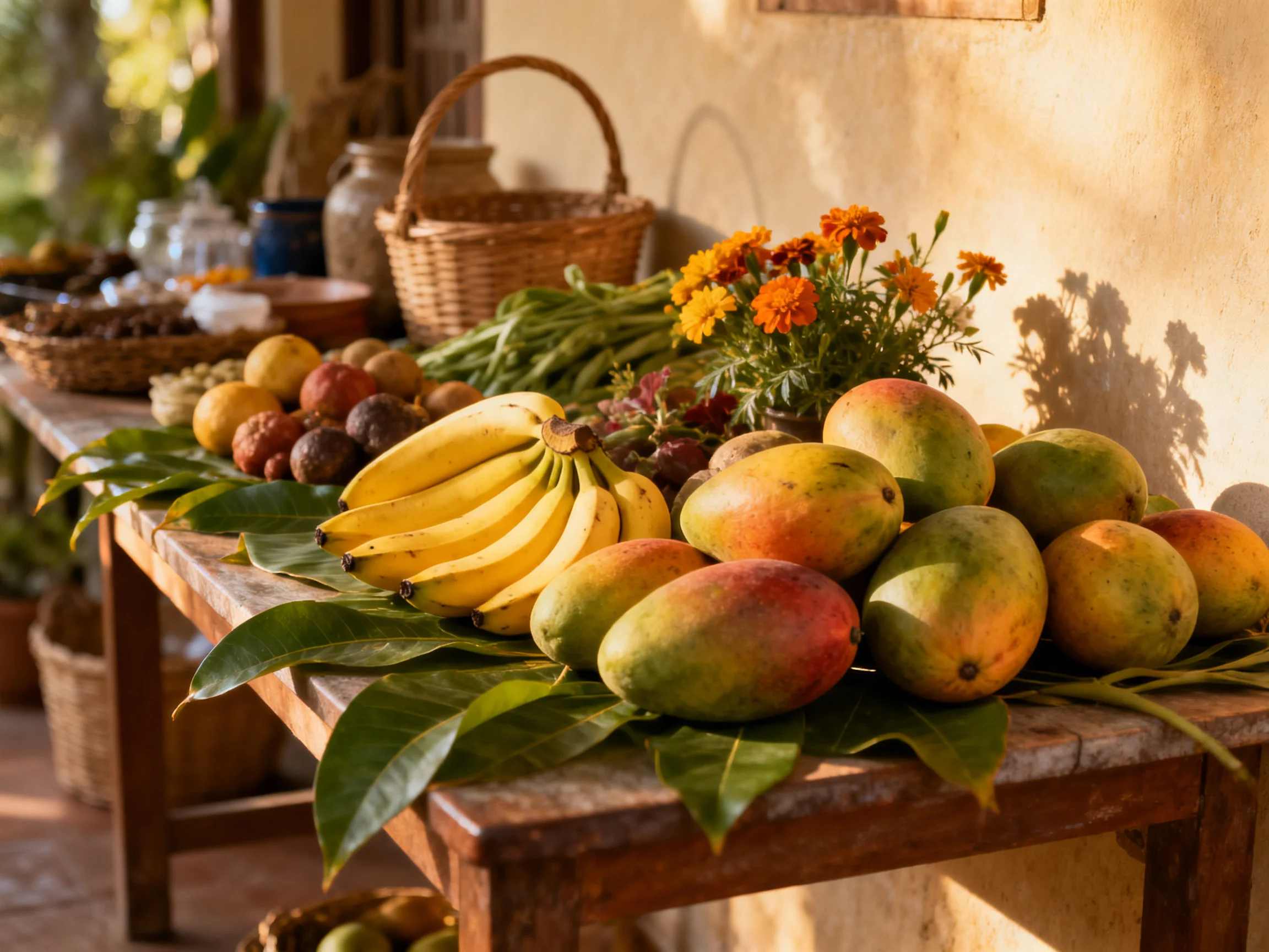 A vibrant fruit arrangement with mangoes, bananas, and marigold flowers on a rustic table