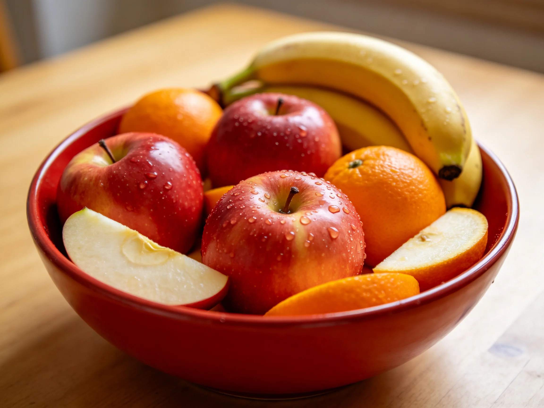 A vibrant fruit arrangement with red apples, yellow bananas, and orange slices in a red bowl