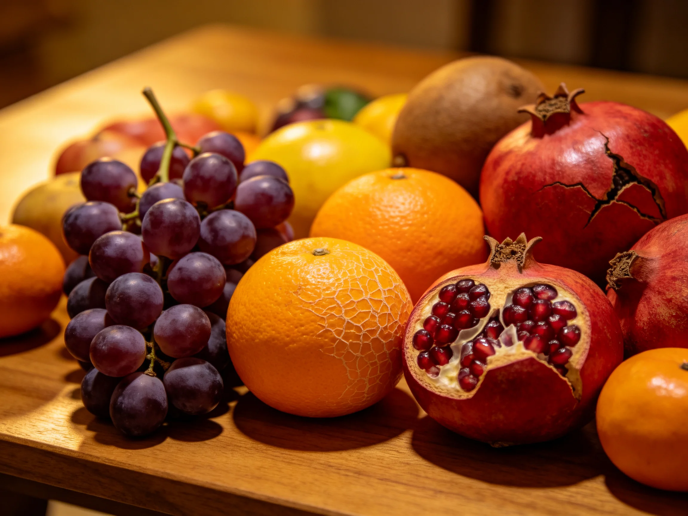 A vibrant fruit display featuring grapes, oranges, pomegranates, and kiwi