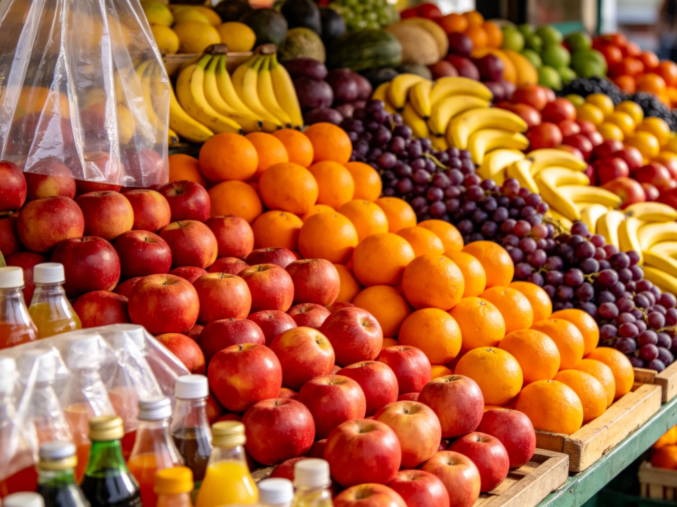A vibrant fruit display featuring red apples, orange oranges, yellow bananas, and purple grapes