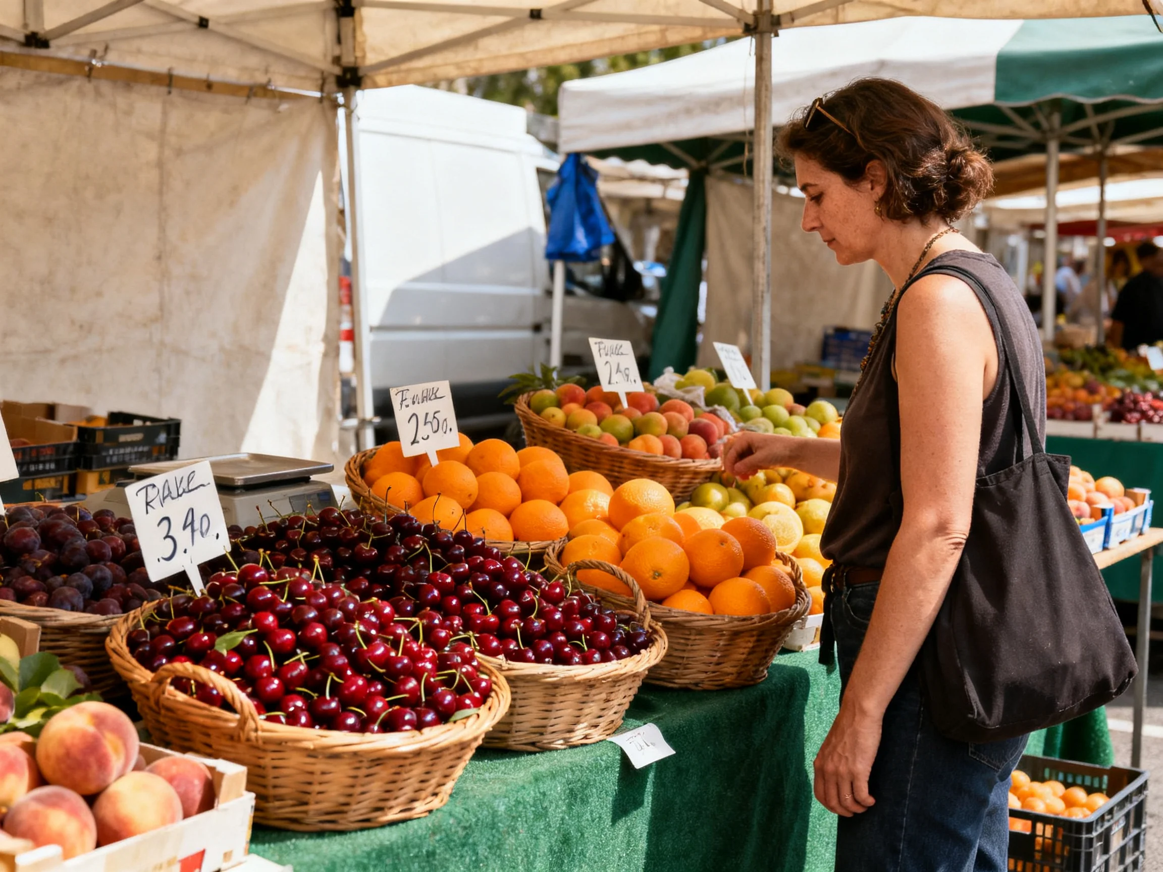 A vibrant fruit market stall with cherries, oranges, and peaches