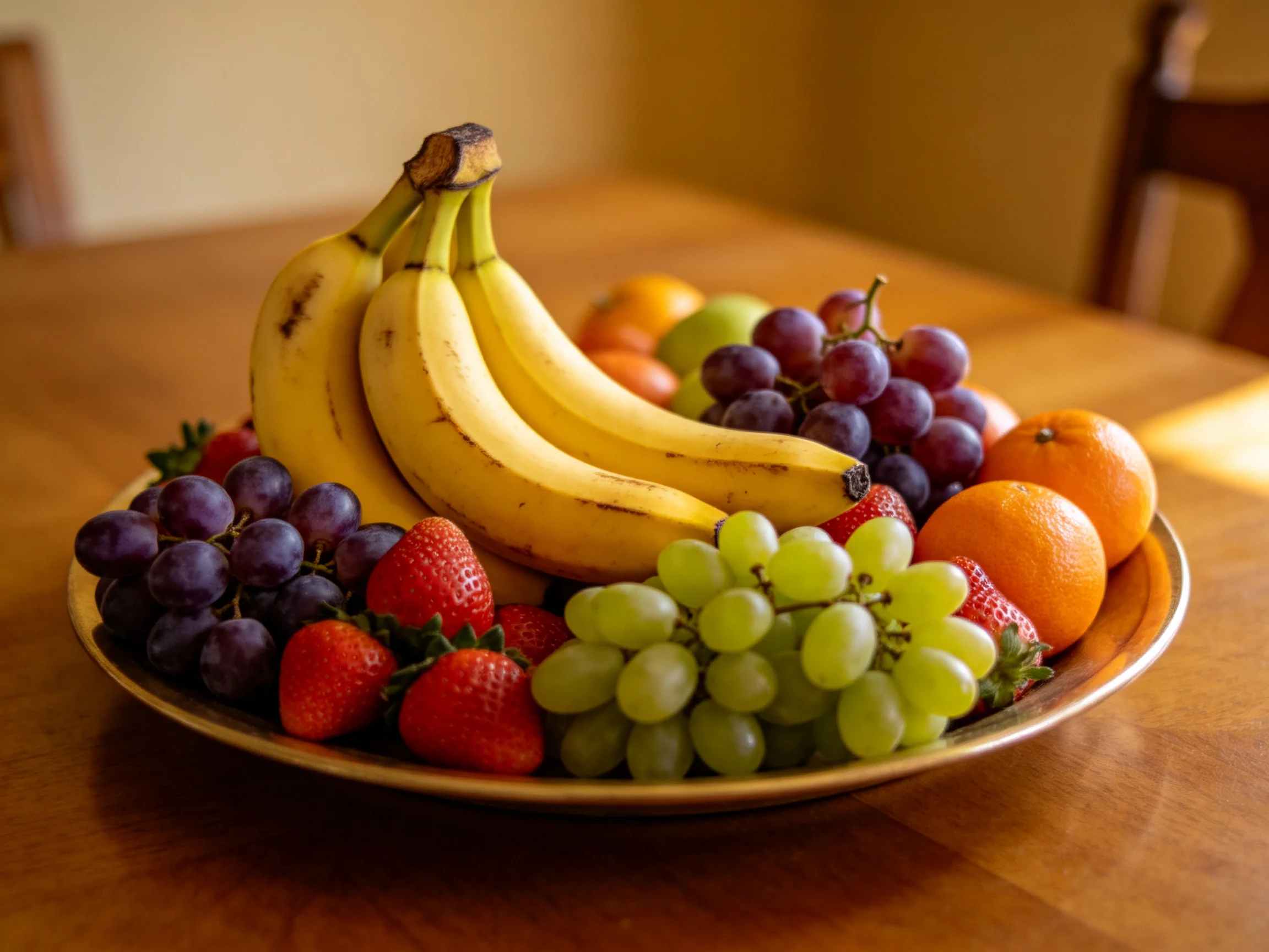 A vibrant fruit platter with bananas, grapes, strawberries, and oranges