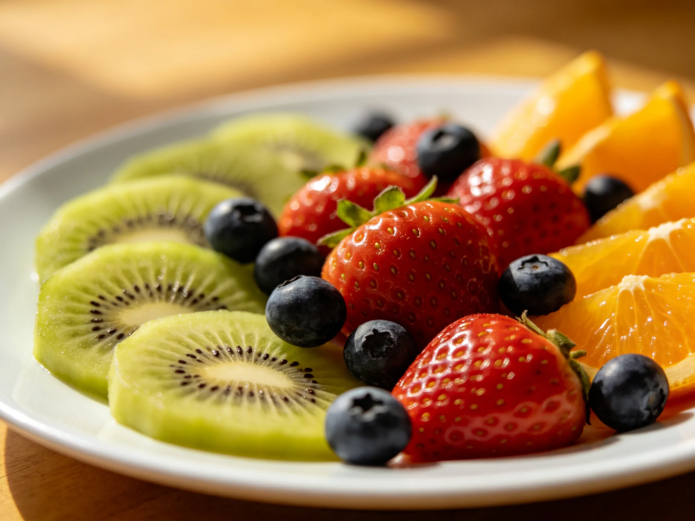 A vibrant fruit platter with kiwi slices, strawberries, blueberries, and orange wedges