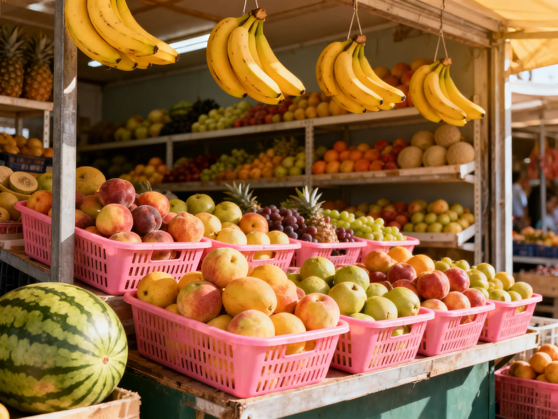 A vibrant fruit stand with hanging bananas and pink baskets of assorted fruits