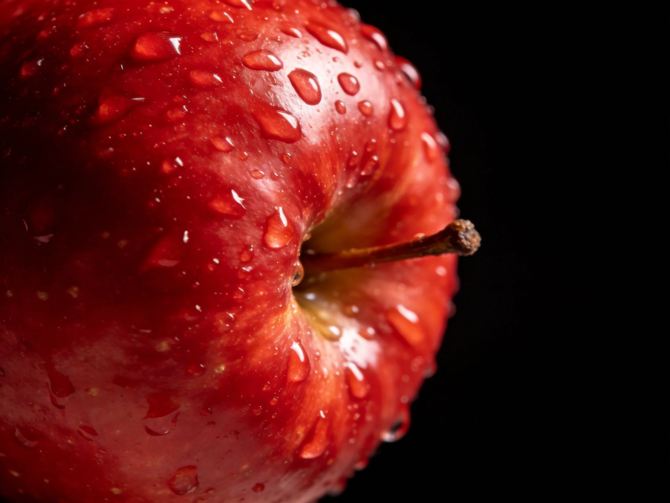 A vibrant glossy red apple covered in water droplets