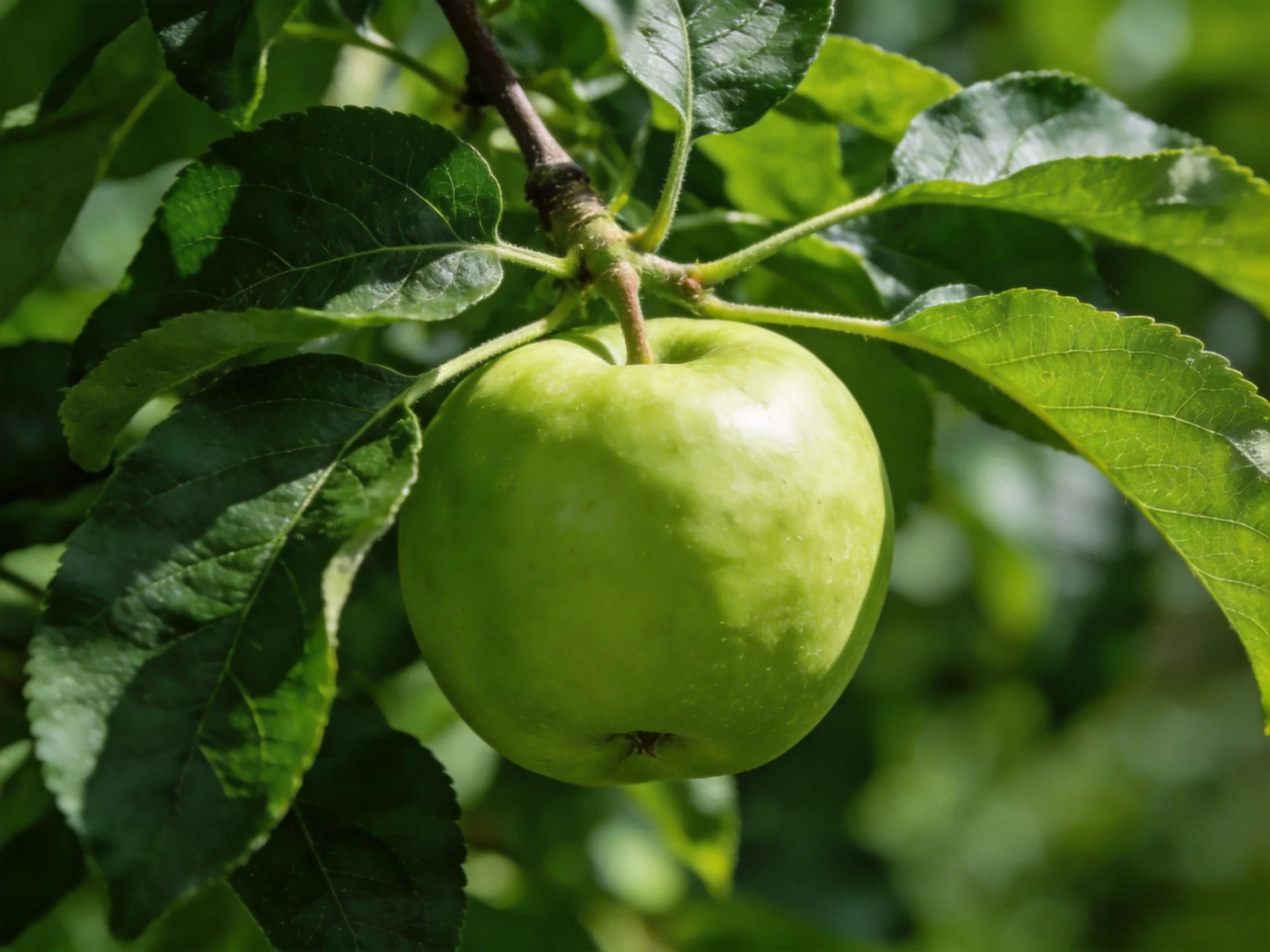 A vibrant green apple hangs from a leafy tree branch