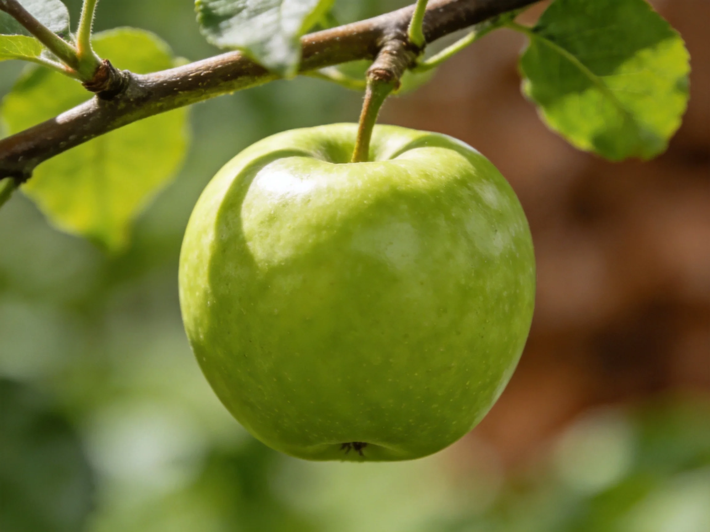 A vibrant green apple hangs from a tree branch with surrounding leaves
