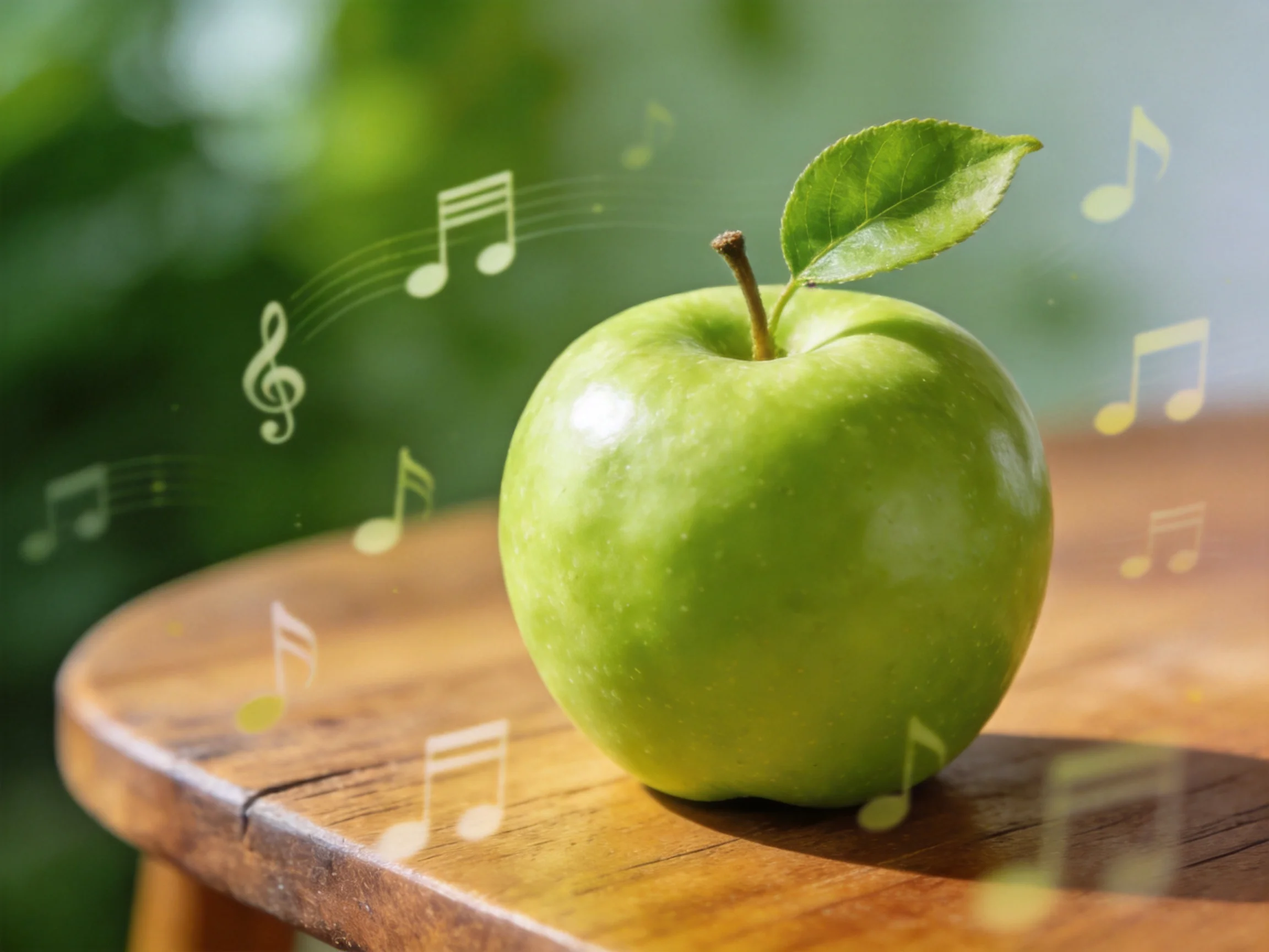 A vibrant green apple sits on a wooden table amid floating musical notes