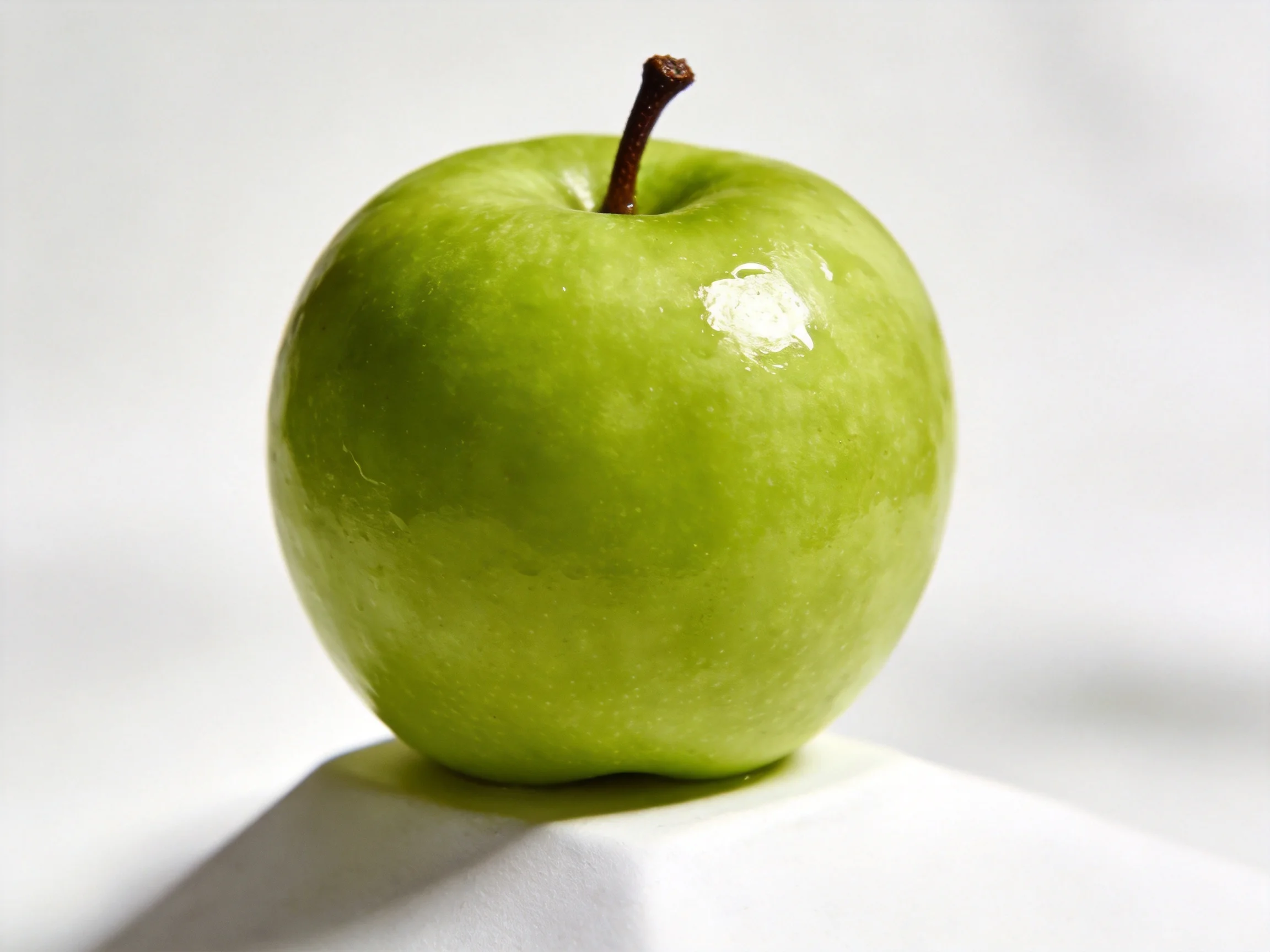 A vibrant green apple with smooth surface and brown stem