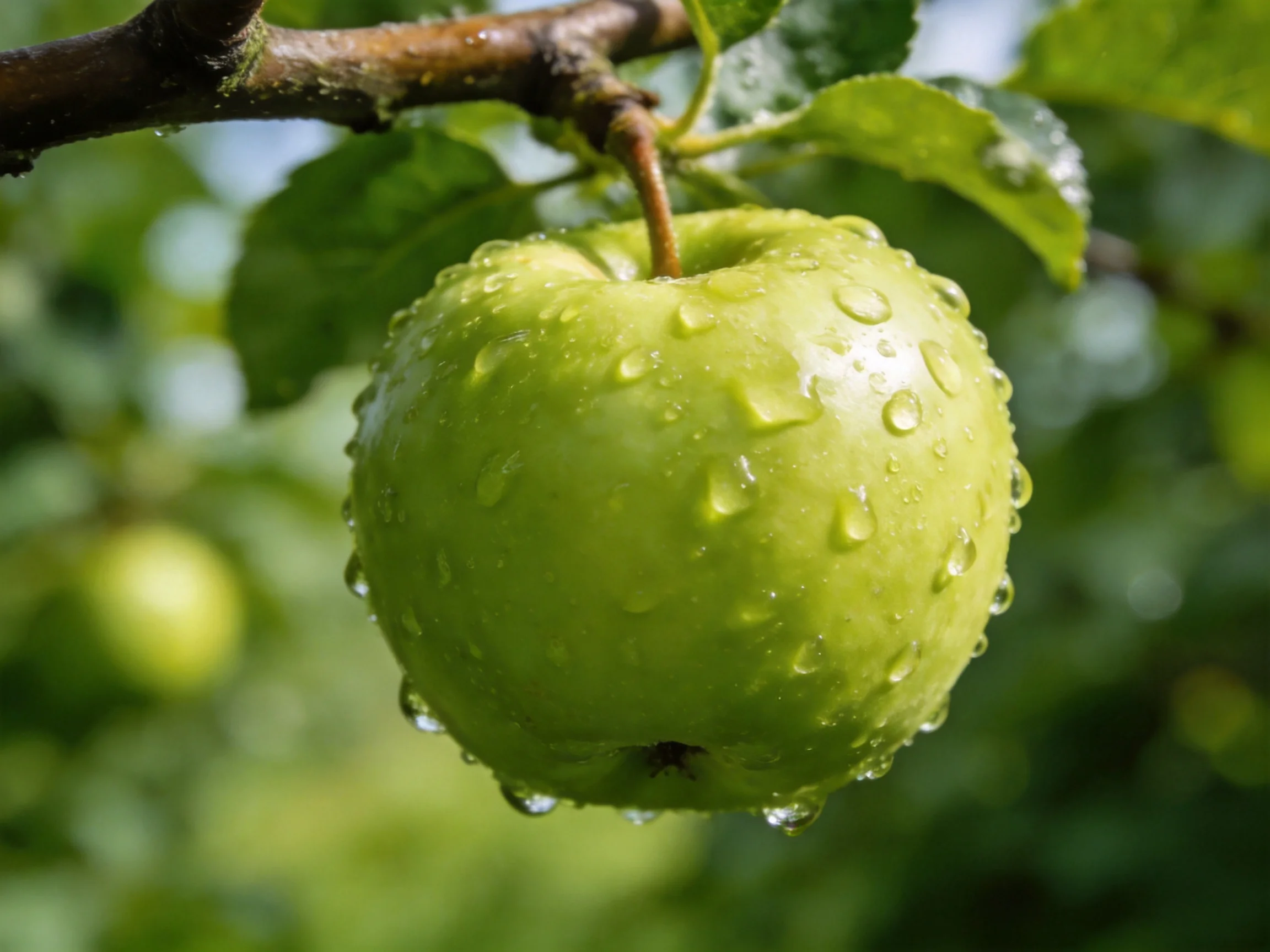 A vibrant green apple with water droplets hangs from a tree branch