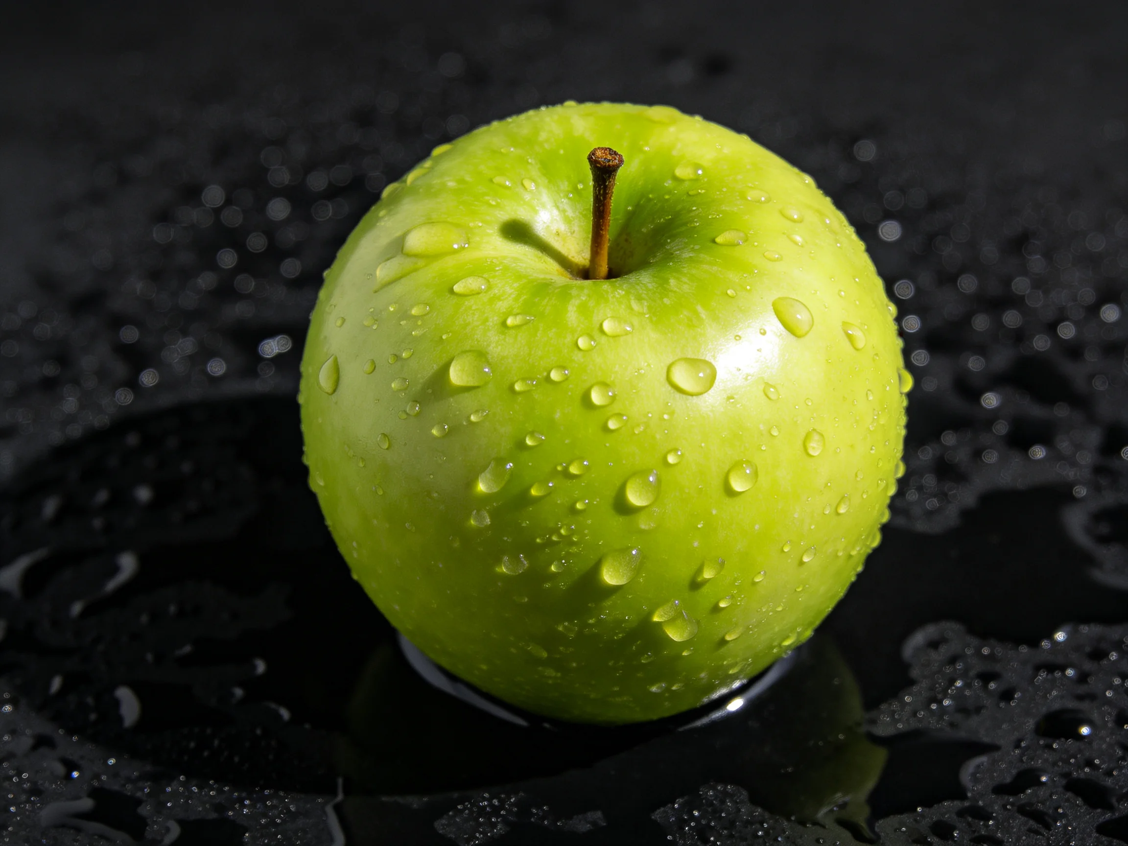 A vibrant green apple with water droplets on dark wet surface