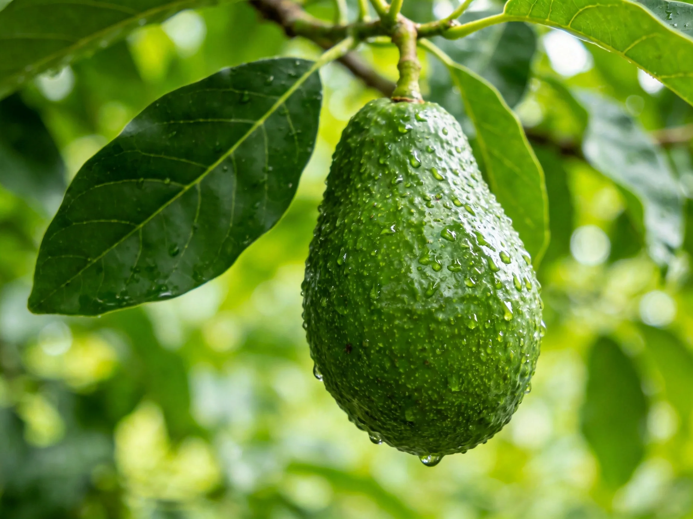 A vibrant green avocado with water droplets hangs from a leafy tree