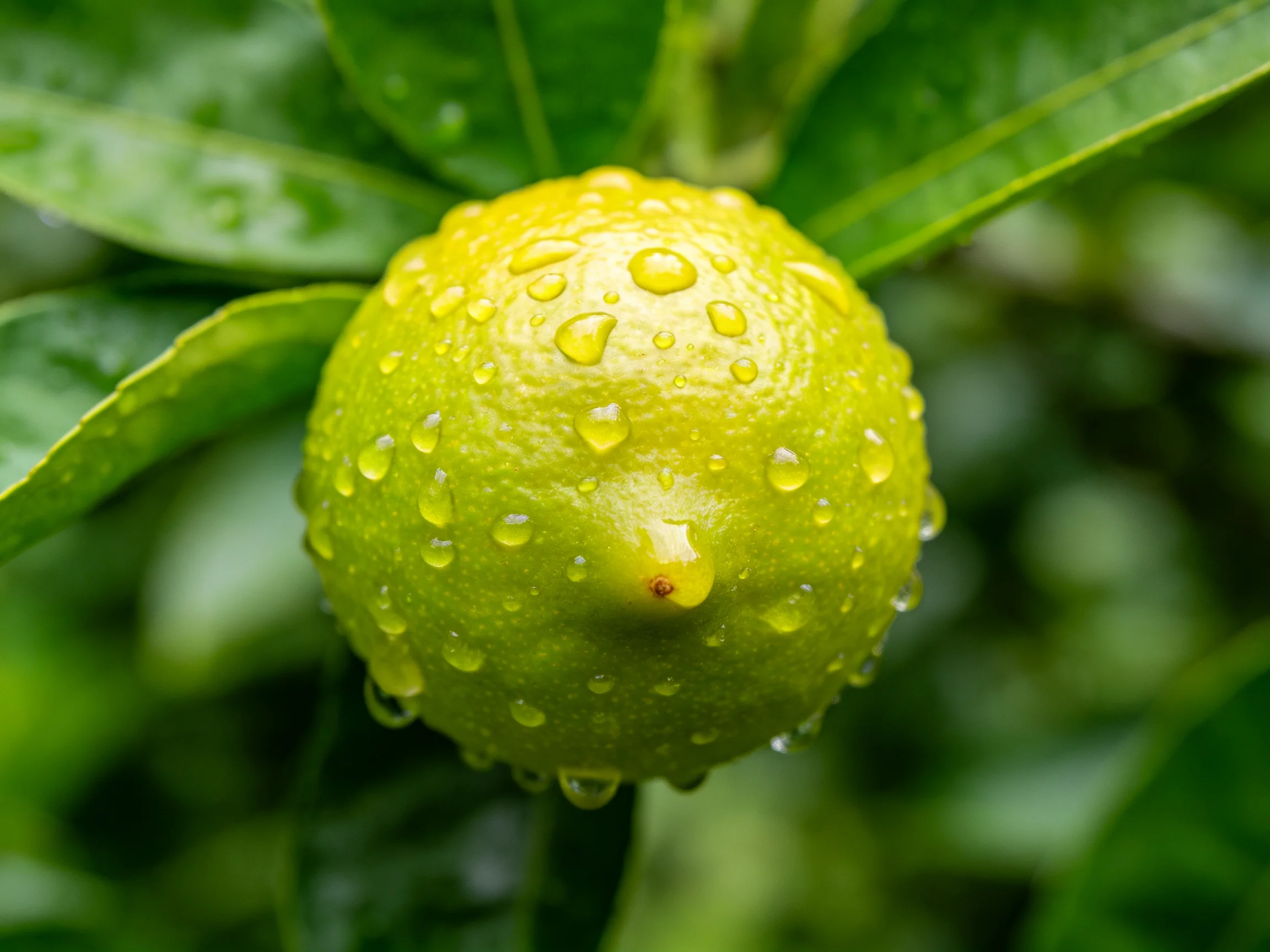 A vibrant green citrus fruit covered in glistening water droplets